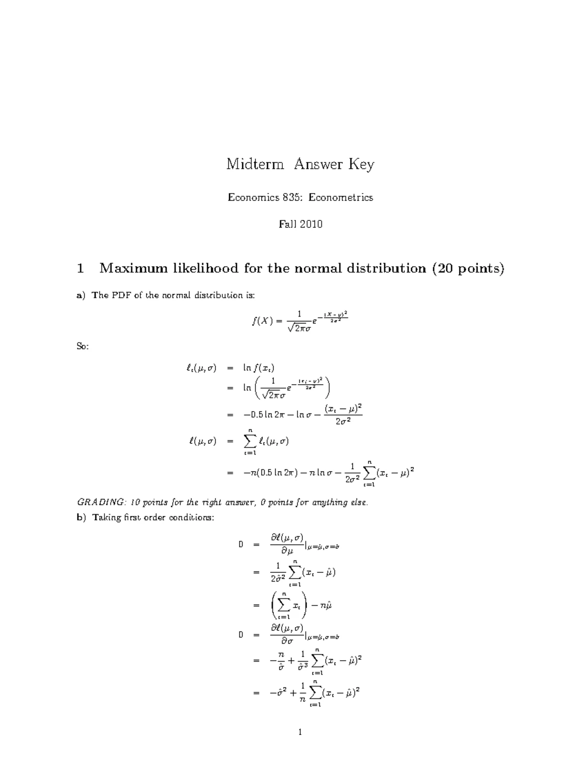 Fall 2011 Midterm Exam Answer Key - Midterm Answer Key Economics 835 ...
