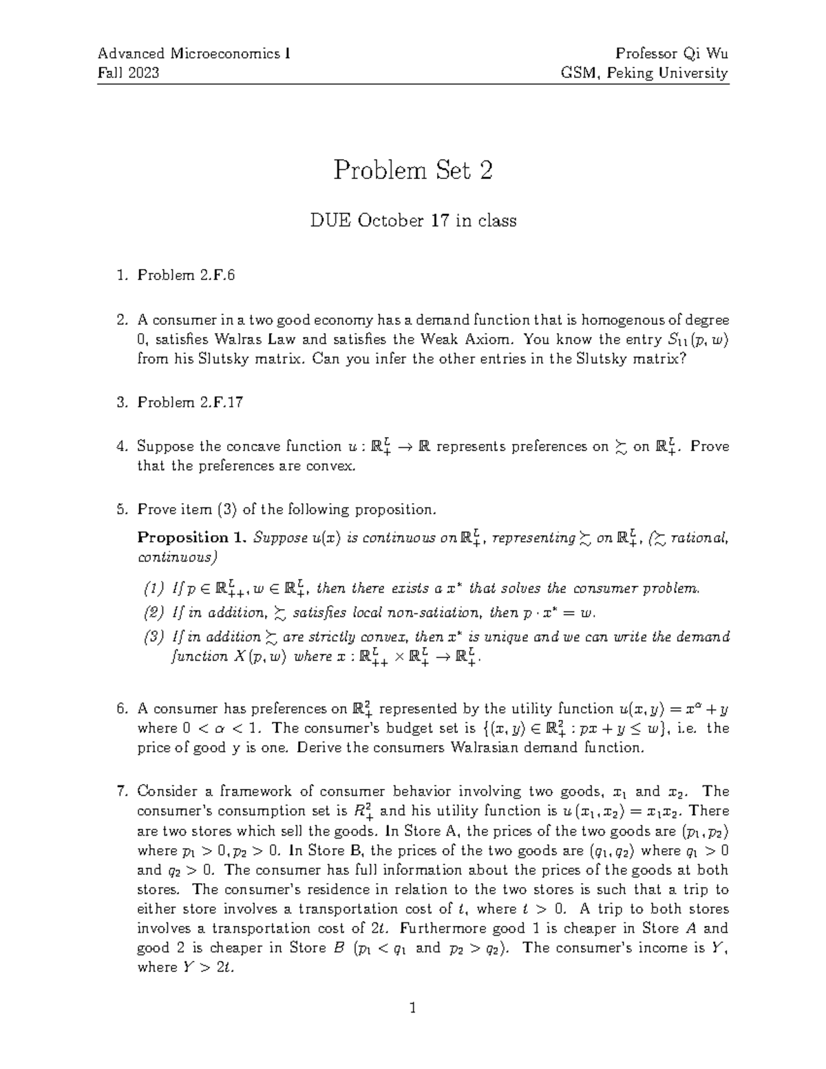 Advanced Microeconomics I (GSM) - Problem Set 2 (Fall 2023) - Studocu
