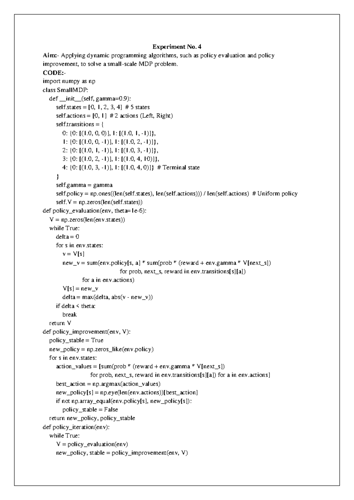 Exp 4 - Applying Dynamic Programming in MDP Solutions - Studocu