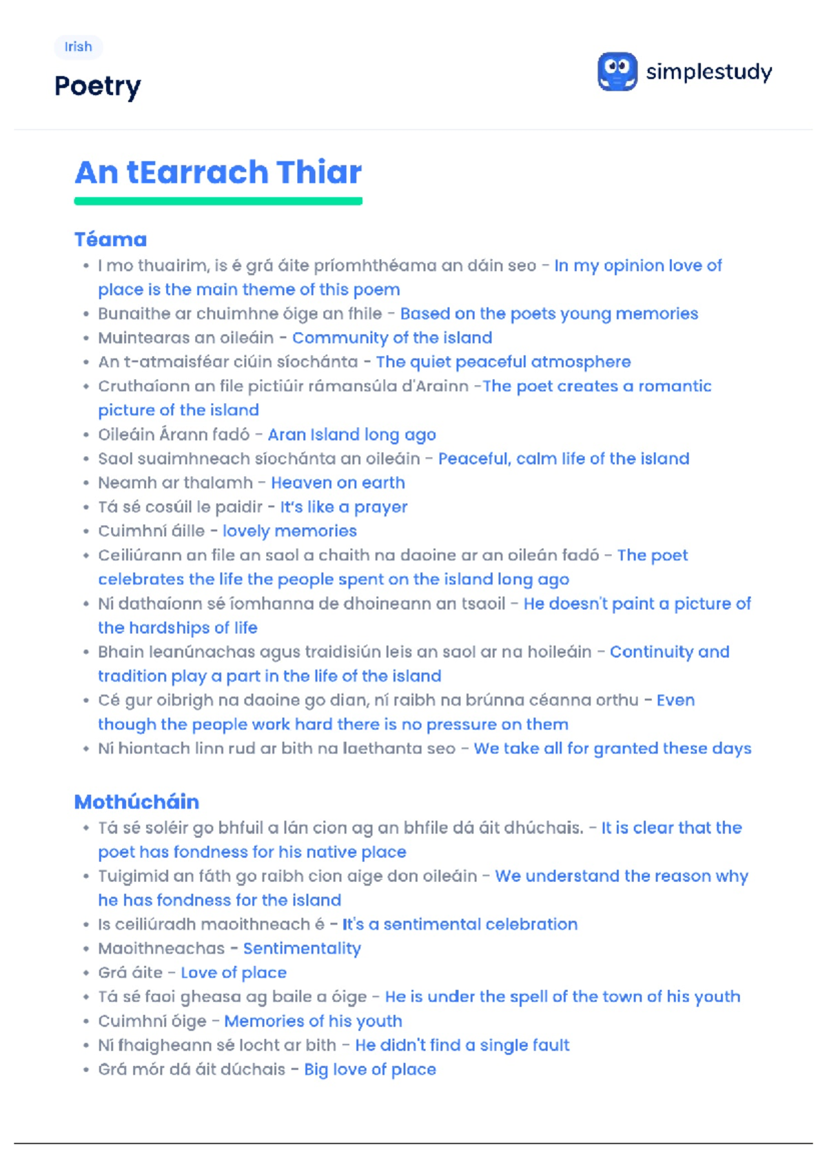Irish 8 Simplestudy Poetry: An tEarrach Thiar - Grá Áite Theme Analysis ...