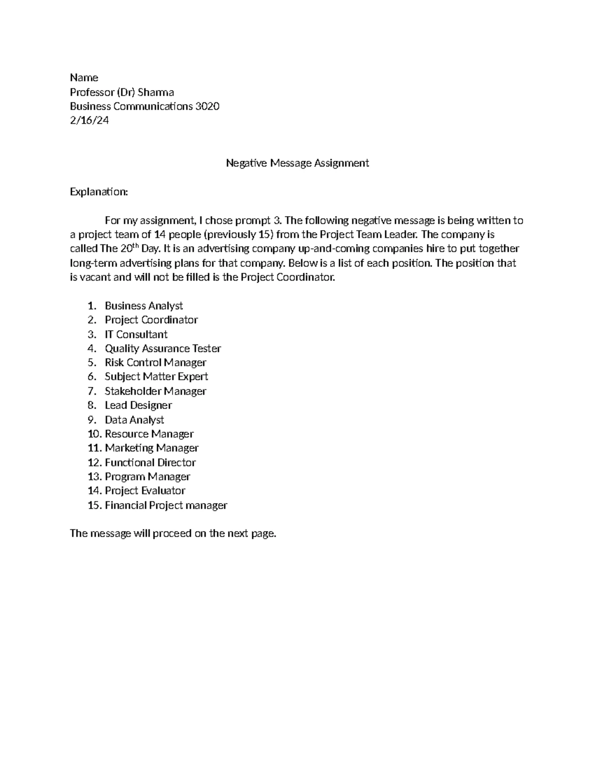 ENG 302 - Negative Message - From: Samuel Snyder To: Tim Dillon (CEO ...