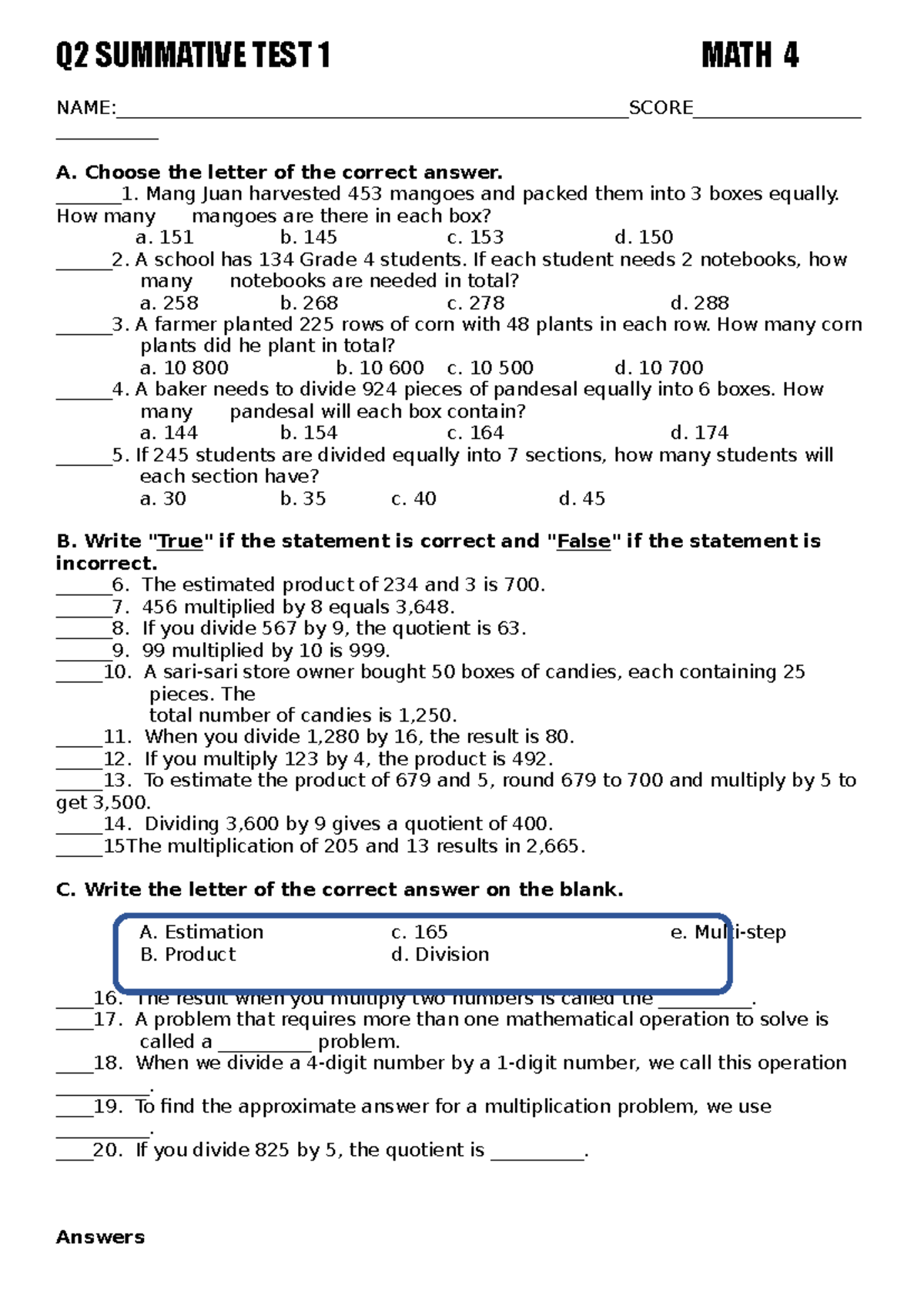 Q2 SUMMATIVE TEST 1 MATH 4 A: Problem Solving & Estimation - Studocu