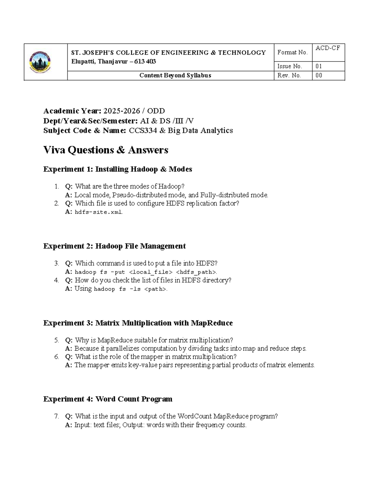 CCS334 Big Data Analytics: Viva Questions & Answers Guide - Studocu