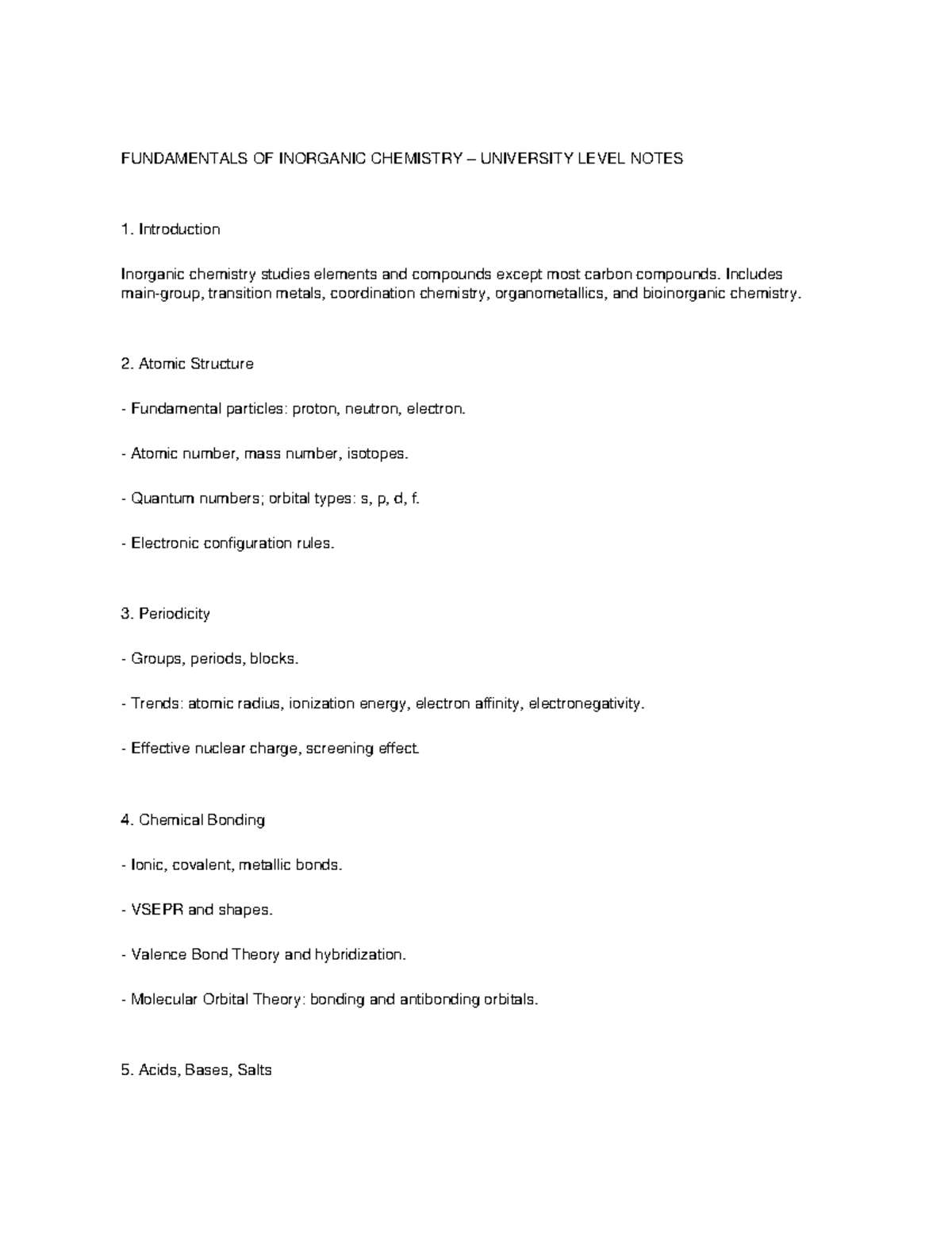 Inorganic Chemistry University Level Notes: Key Concepts and Topics ...