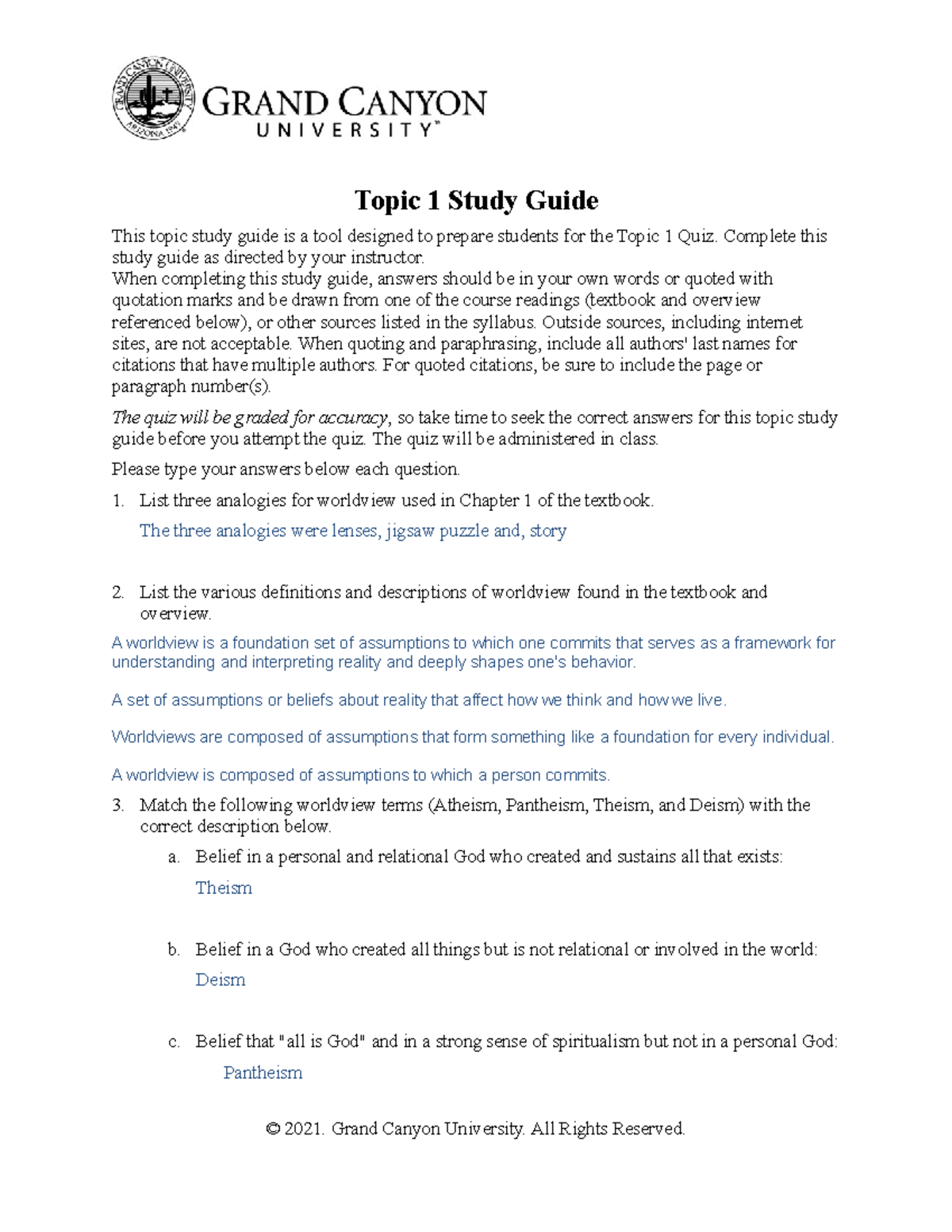 CWV 101 Topic 1 Quiz Study Guide on Worldviews - Studocu
