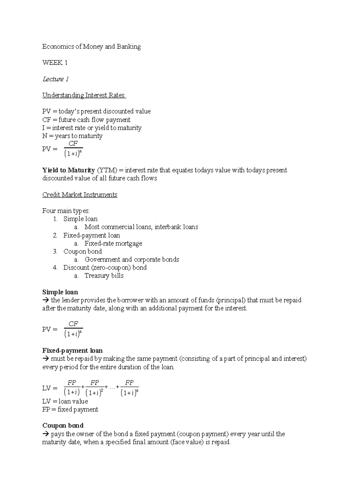 Lecture Notes on Money & Banking (ECO 101) - Week 1 Summary - Studeersnel