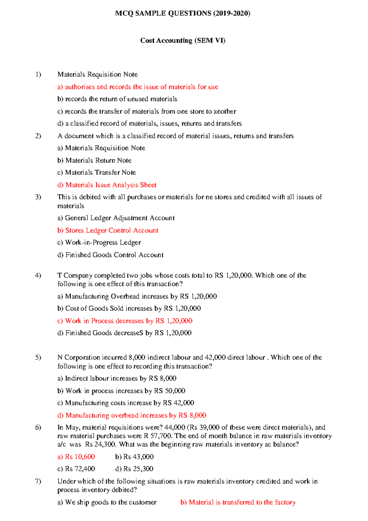 BCOM SEM VI Cost Accounting MCQ Sample Questions (2019-2020) - Studocu