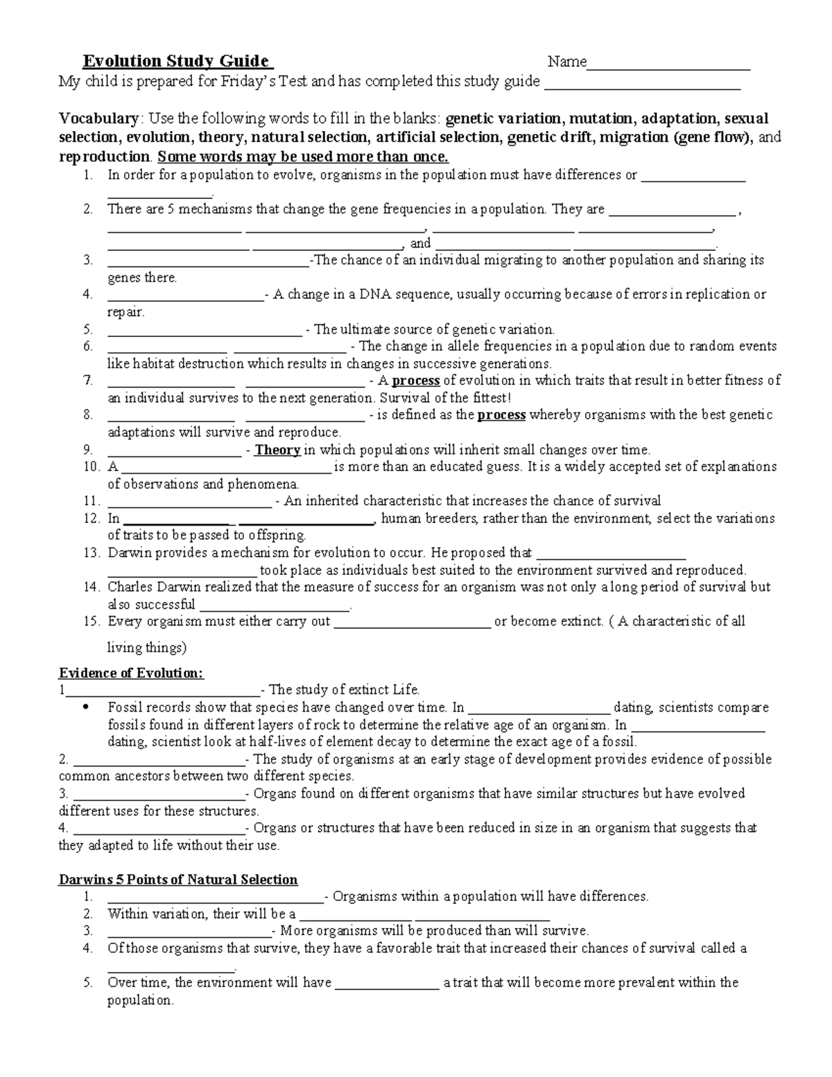 Evolution Study Guide for Biology 101: Preparing for Friday's Test ...