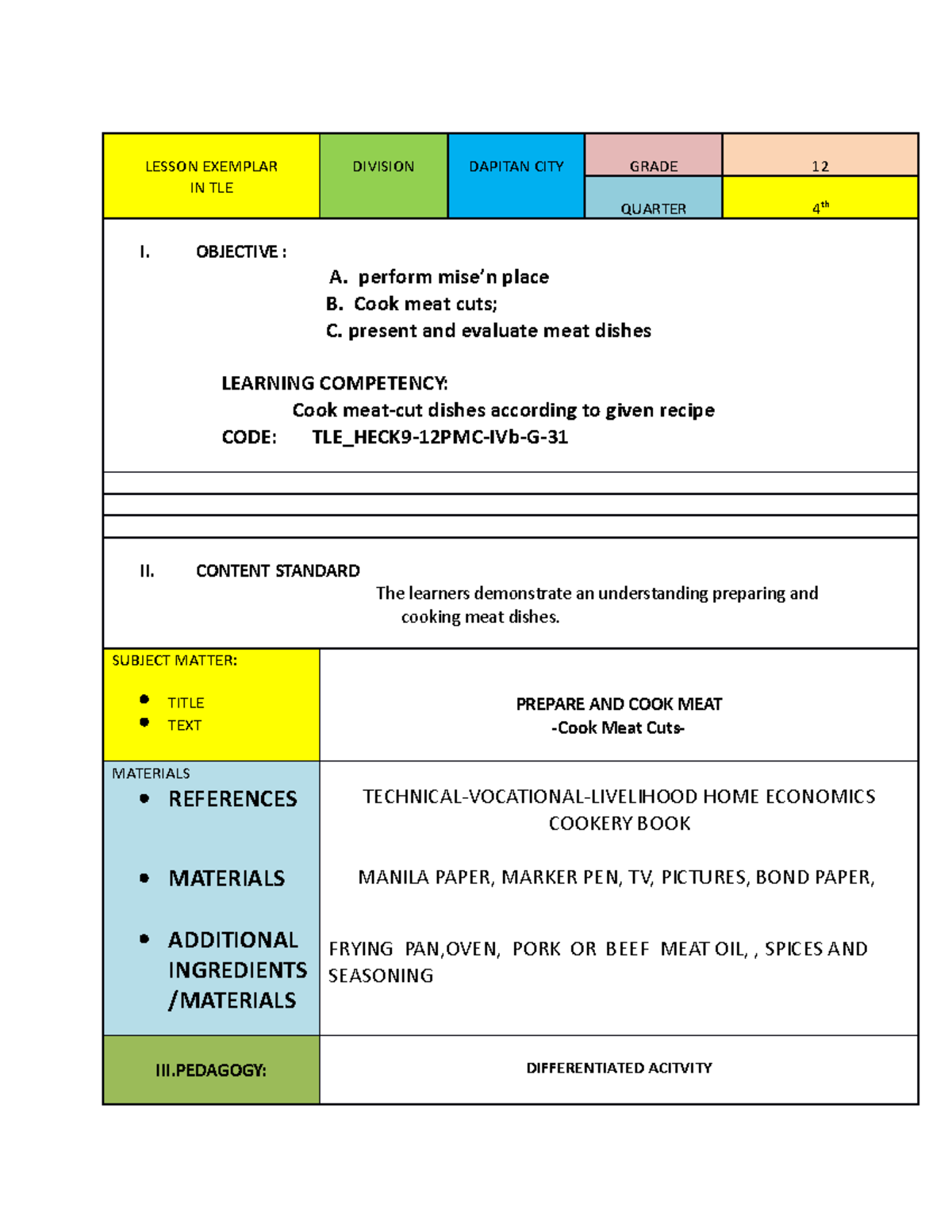 TLE12 Cookery Lesson Plan: Preparing and Cooking Meat Cuts - Studocu