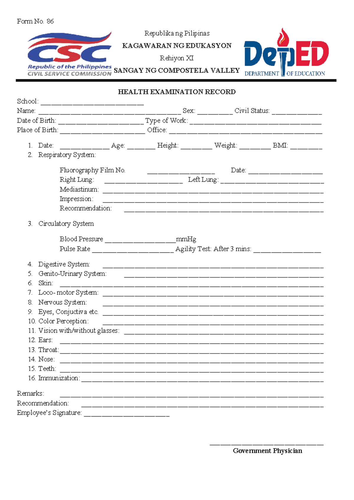 Form No. 86: Health Examination Record for Students in Region XI - Studocu