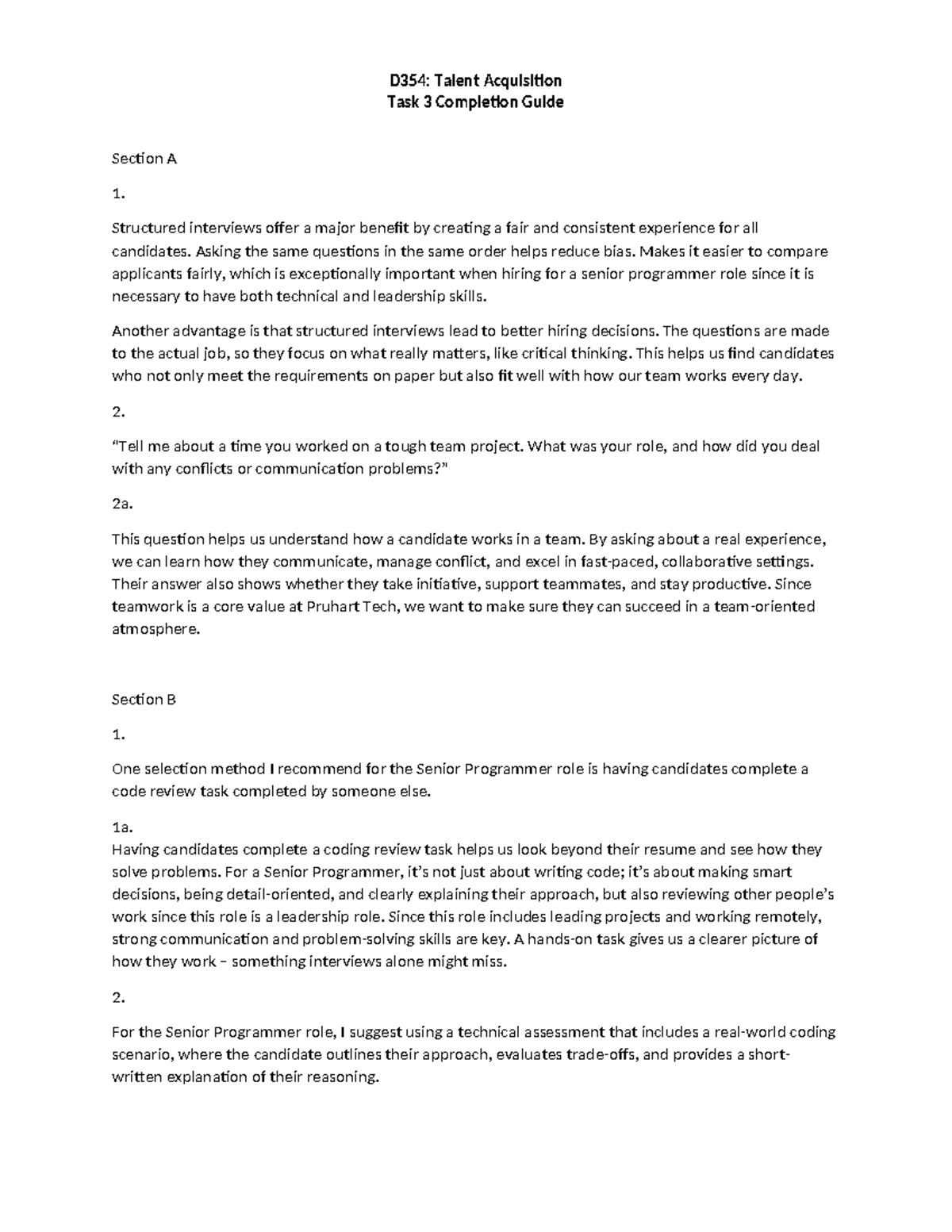 D354: Talent Acquisition Task 3 Completion Guide for Senior Programmer ...