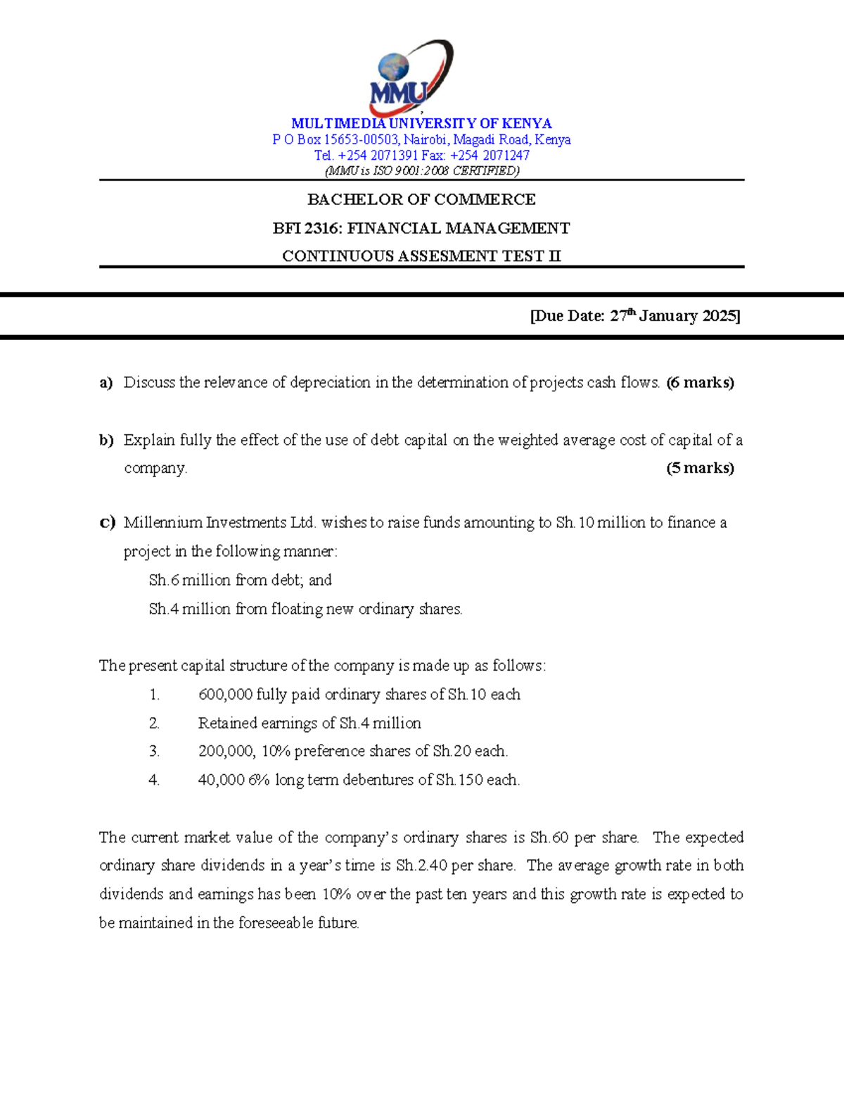 CAT 2 FM - questions - , MULTIMEDIA UNIVERSITY OF KENYA P O Box 15653 ...