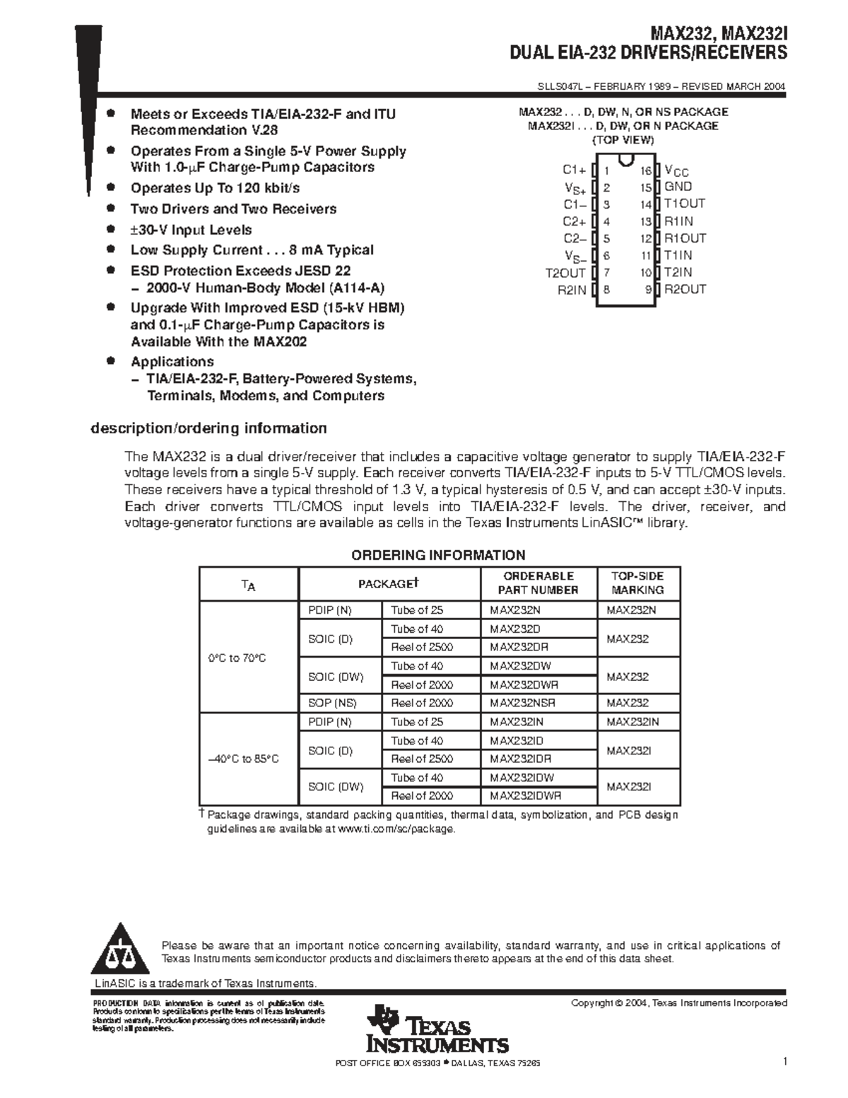 MAX232 Data Sheet Overview - SLLS047L (Revised March 2004) - Studocu