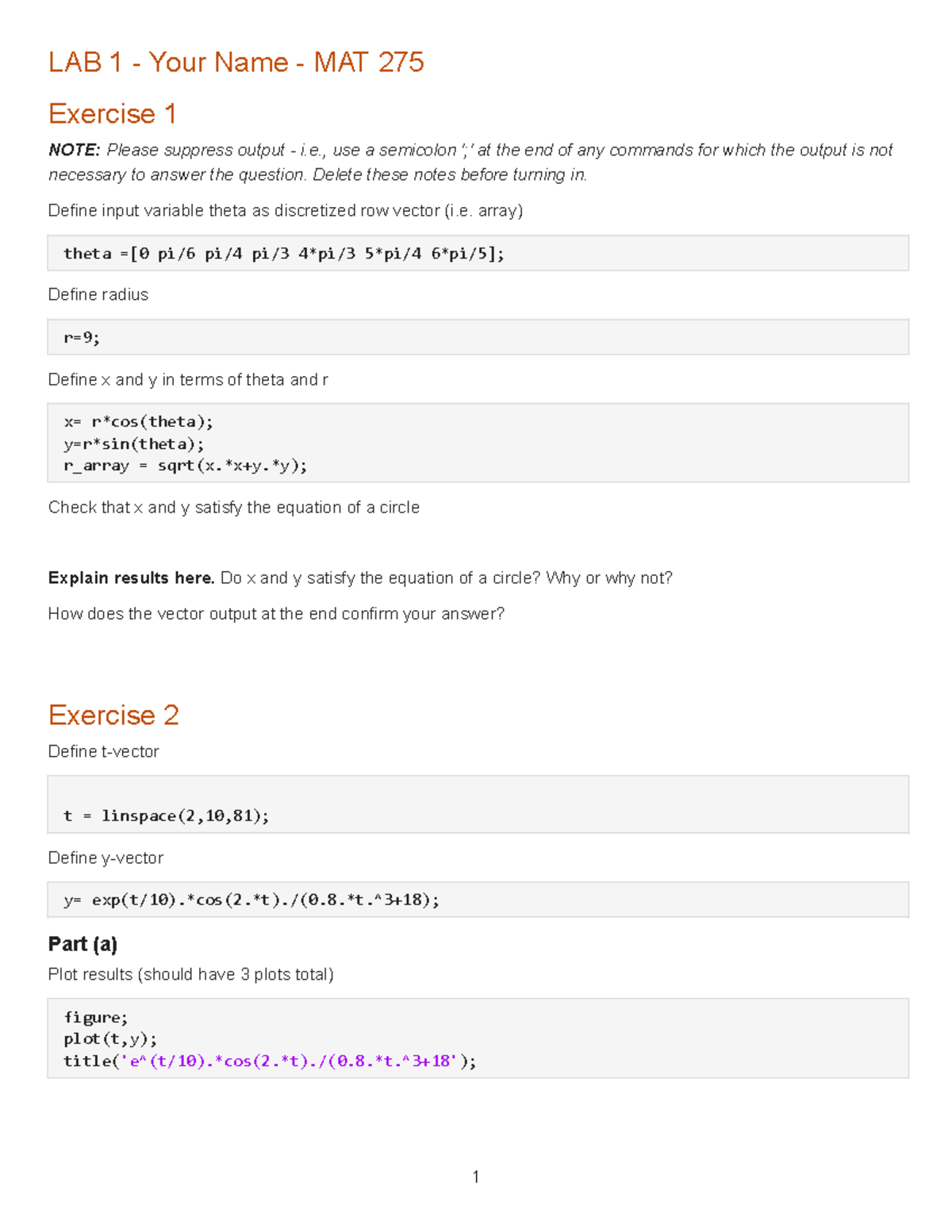 MAT 275 Lab 1: Circle and Function Plotting Exercises - Studocu
