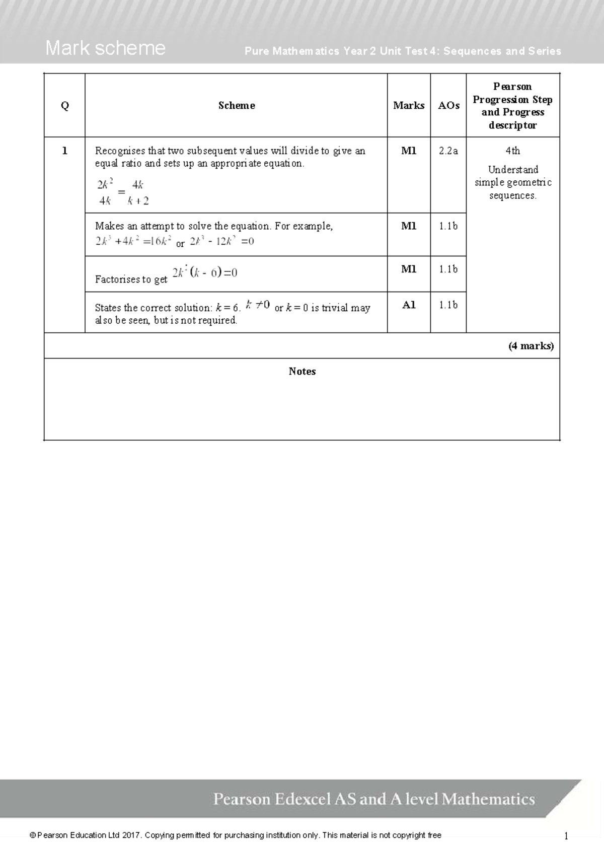 Mark Scheme for Pure Mathematics Year 2 Unit Test 4: Sequences & Series ...