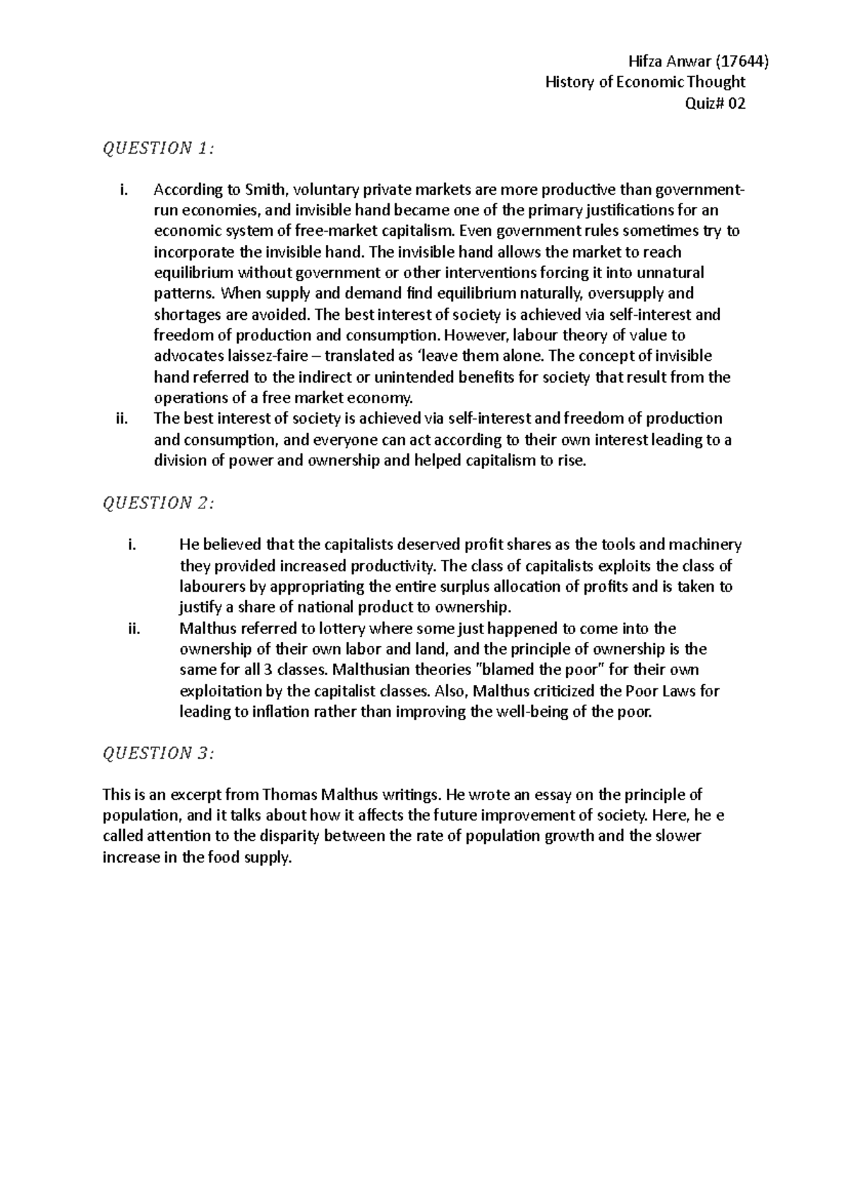 HIST 101 - History of Economic Thought Quiz #2 Summary and Analysis ...