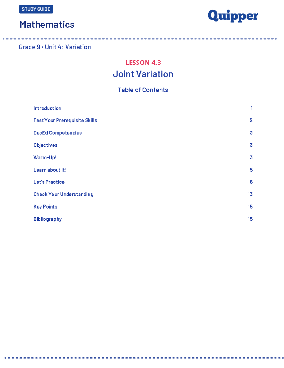 Mathematics Grade 9 Unit 4: Variation Lesson 4.3 Joint Variation - Studocu