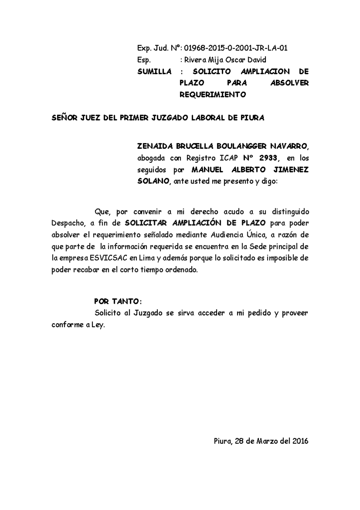 Amplizacion D Eplazo - AMPLIACIÓN DE PLAZO - Esp. : Rivera Mija Oscar ...