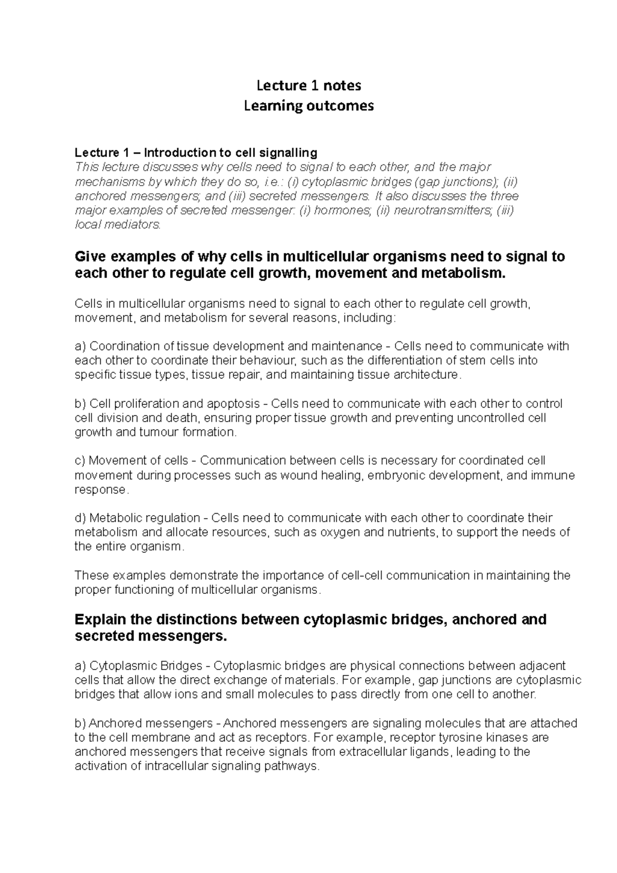 Lecture 1 notes - Introduction to cell signalling - Lecture 1 notes ...