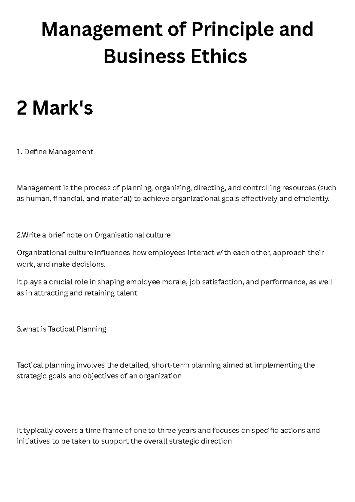 Management Principles and Business Ethics Study Notes 2 Marks - Studocu