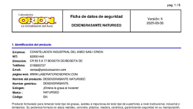 Ficha de Datos de Seguridad: Desengrasante Naturgeo - Versión 5 - Document Preview