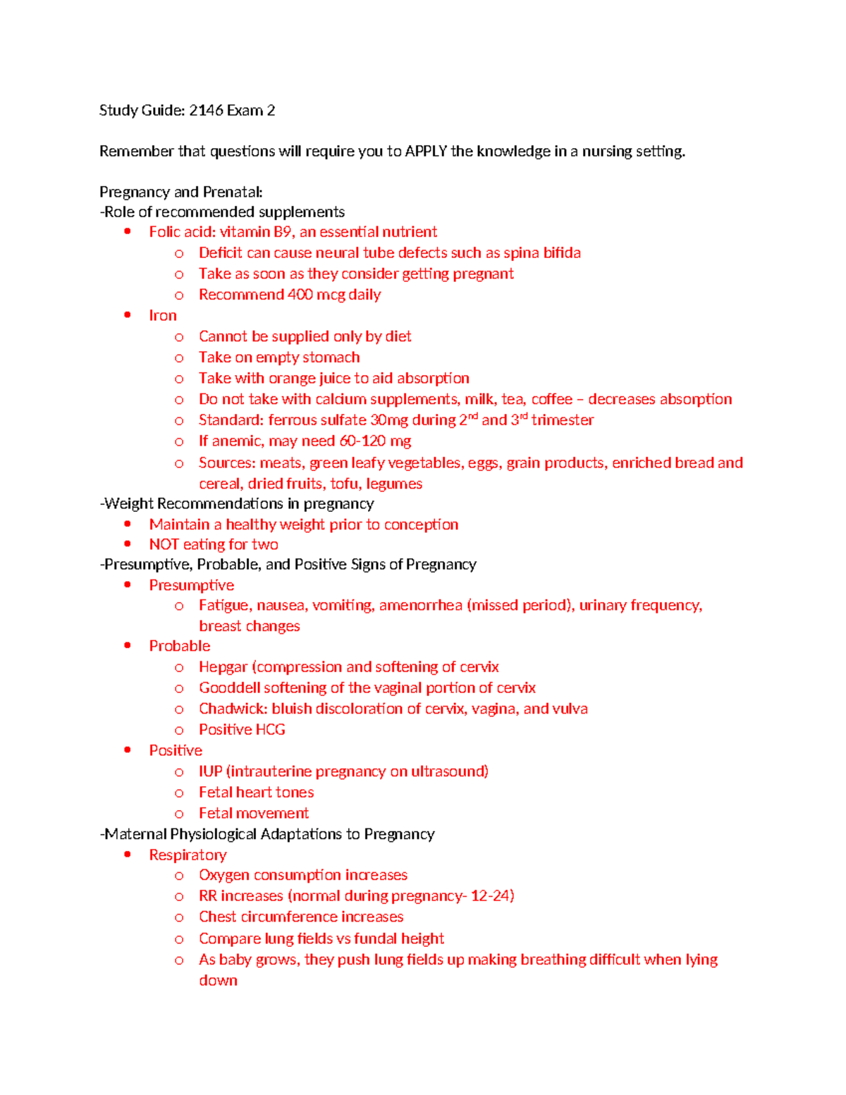 2146 Study Guide: Exam 2 Nursing Concepts & Maternal Care 2024 - Studocu