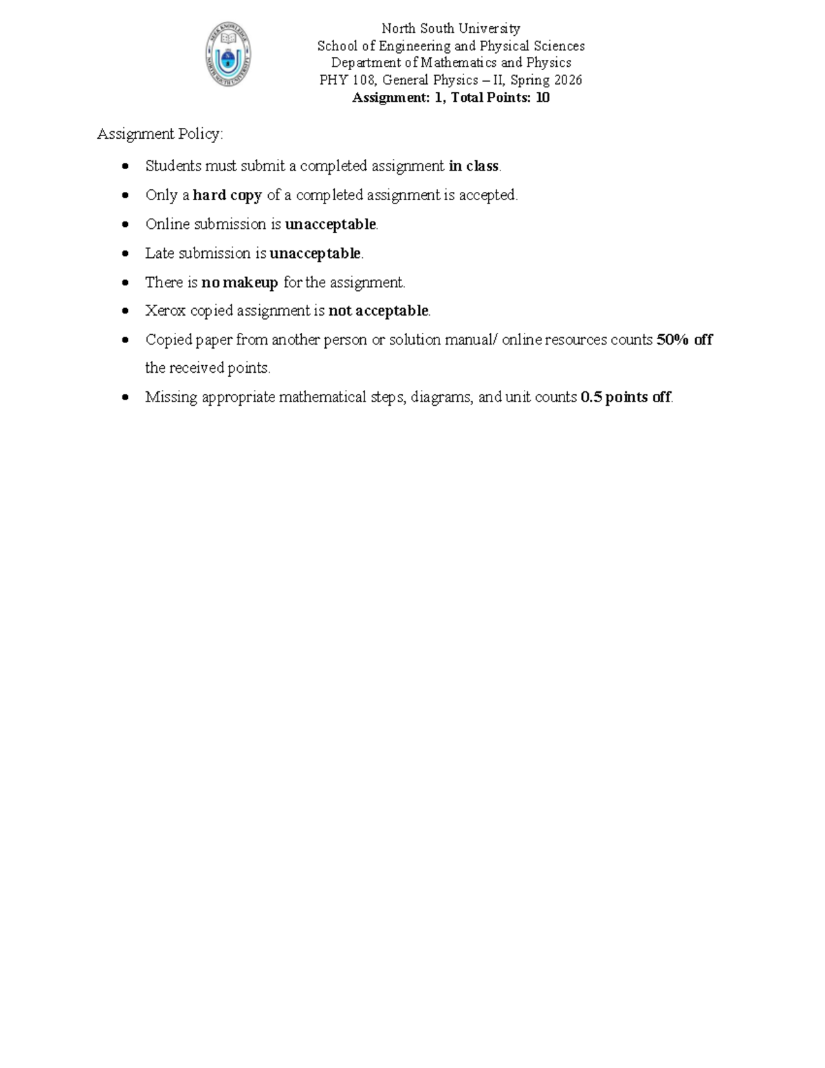 PHY 108 General Physics II Spring 2026 Assignment 1 Solutions - Studocu