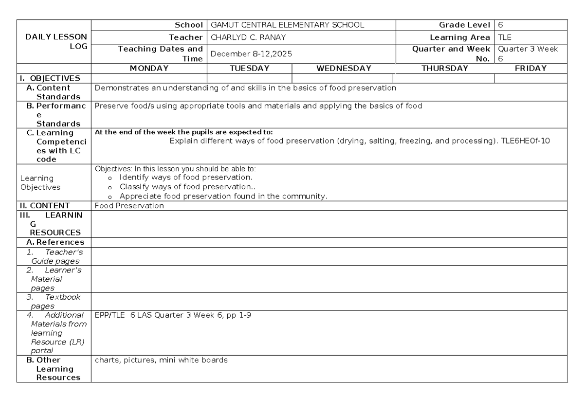 Tle 6 Q3 Wk 6 Daily Lesson Log On Food Preservation Studocu