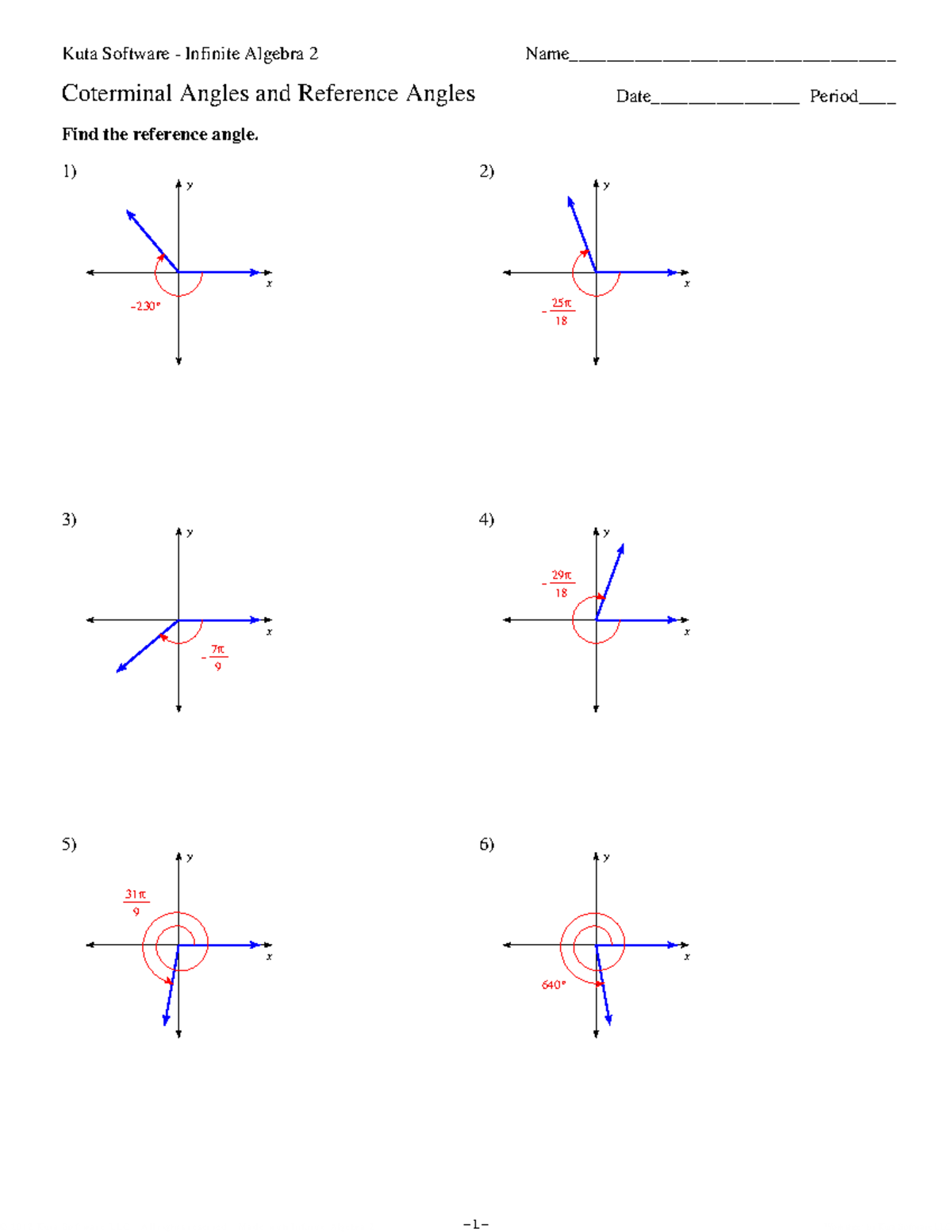 Infinite Algebra 2: Coterminal and Reference Angles Worksheet - Studocu