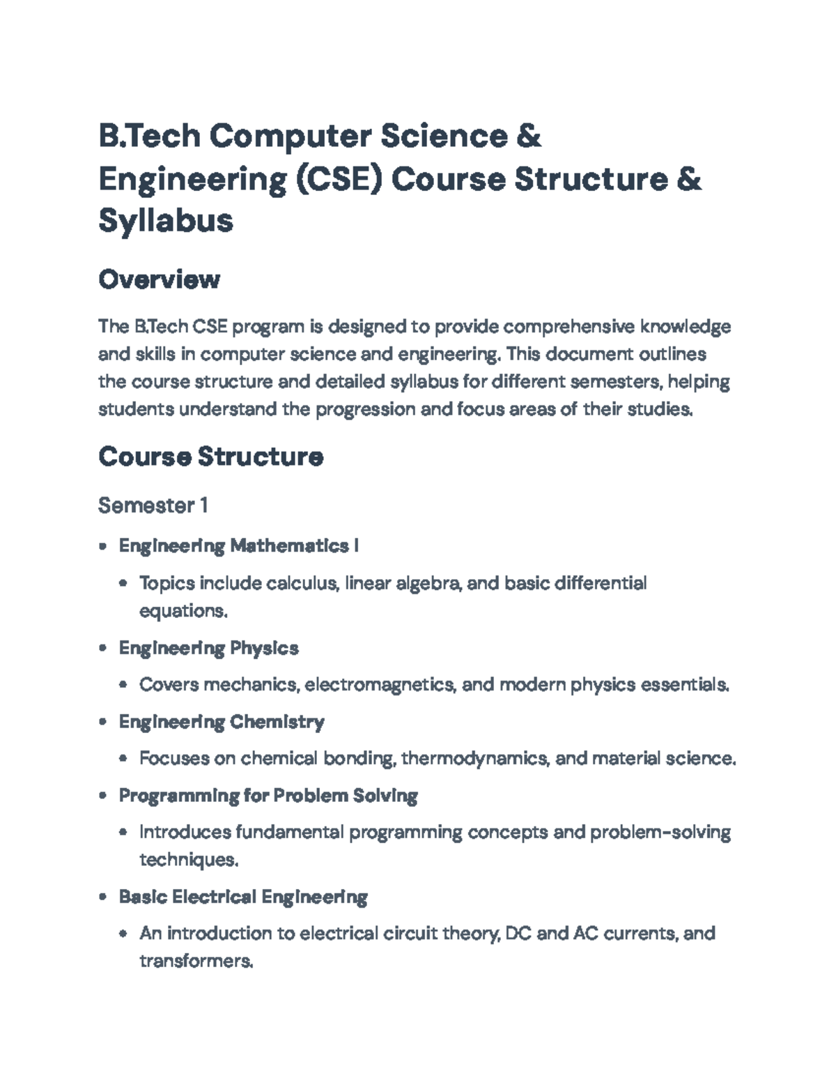 B.Tech CSE Course Structure & Syllabus Overview for Semesters 1-2 - Studocu