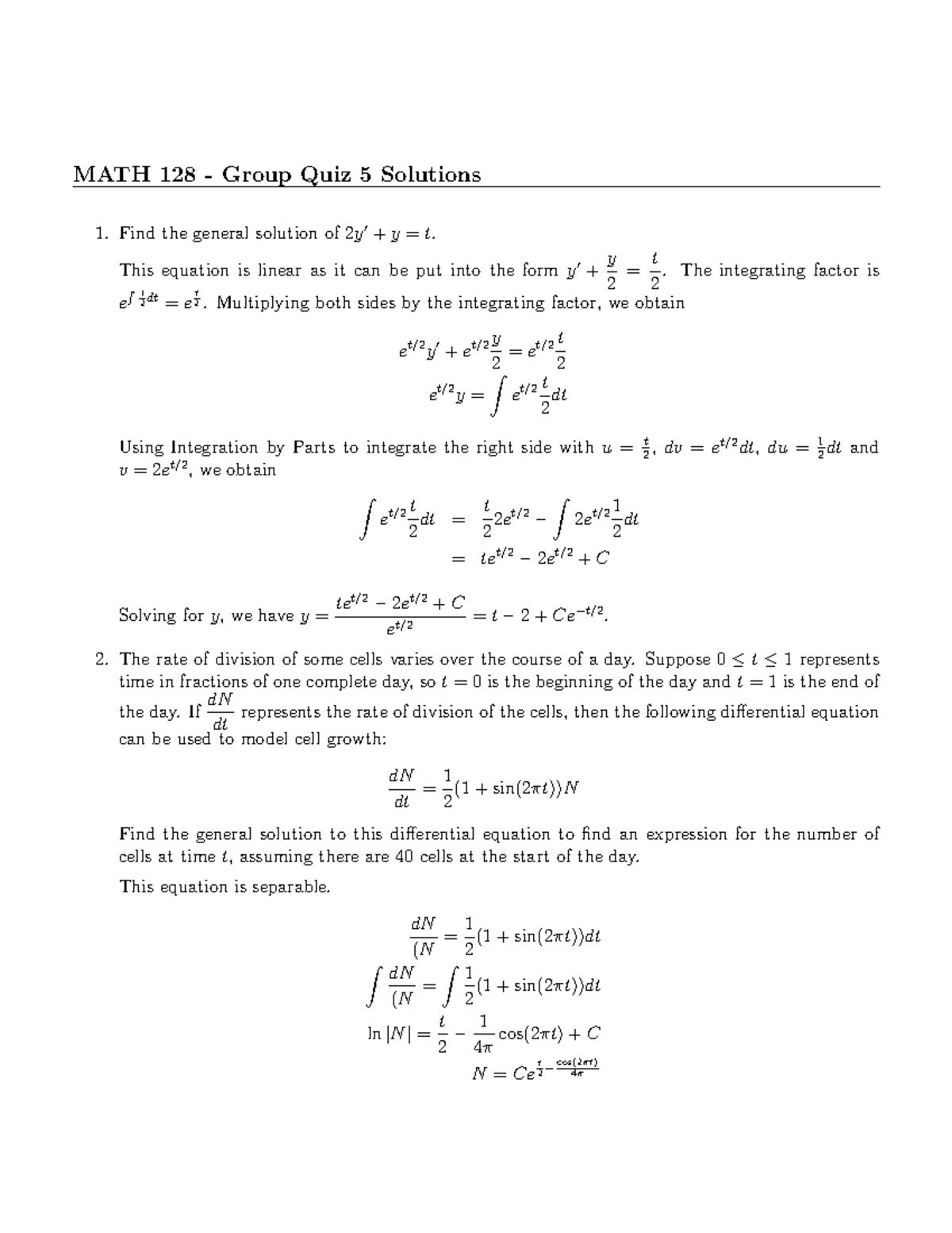 MATH 128 - Solutions for Group Quiz 5 on Differential Equations - Studocu