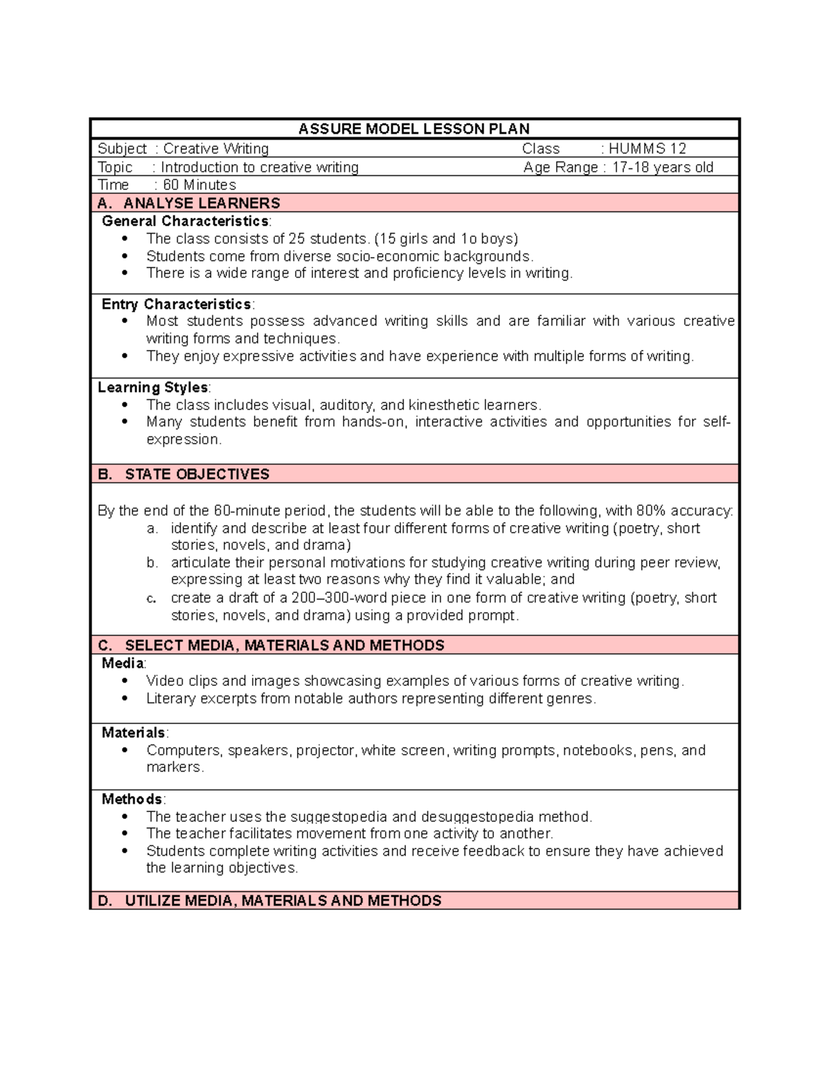 Assure Model Lesson PLAN Finale - ASSURE MODEL LESSON PLAN Subject ...
