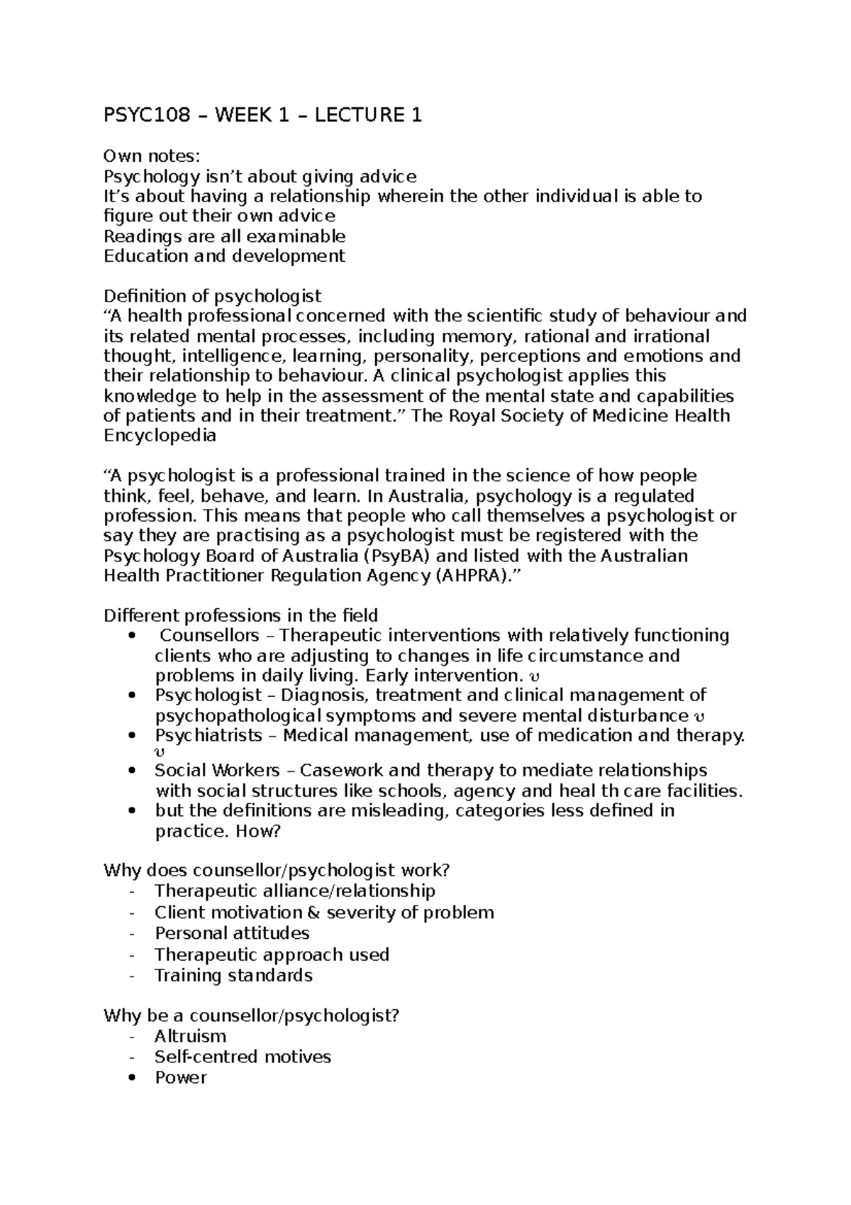 Lecture Notes for PSYC108: Understanding the Foundations of Psychology ...