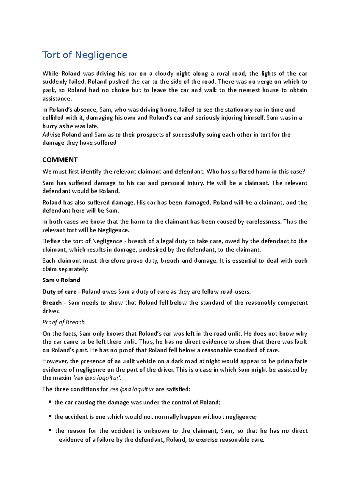 Tort Law Final Exam Notes: Negligence, Liability & Claims Analysis ...