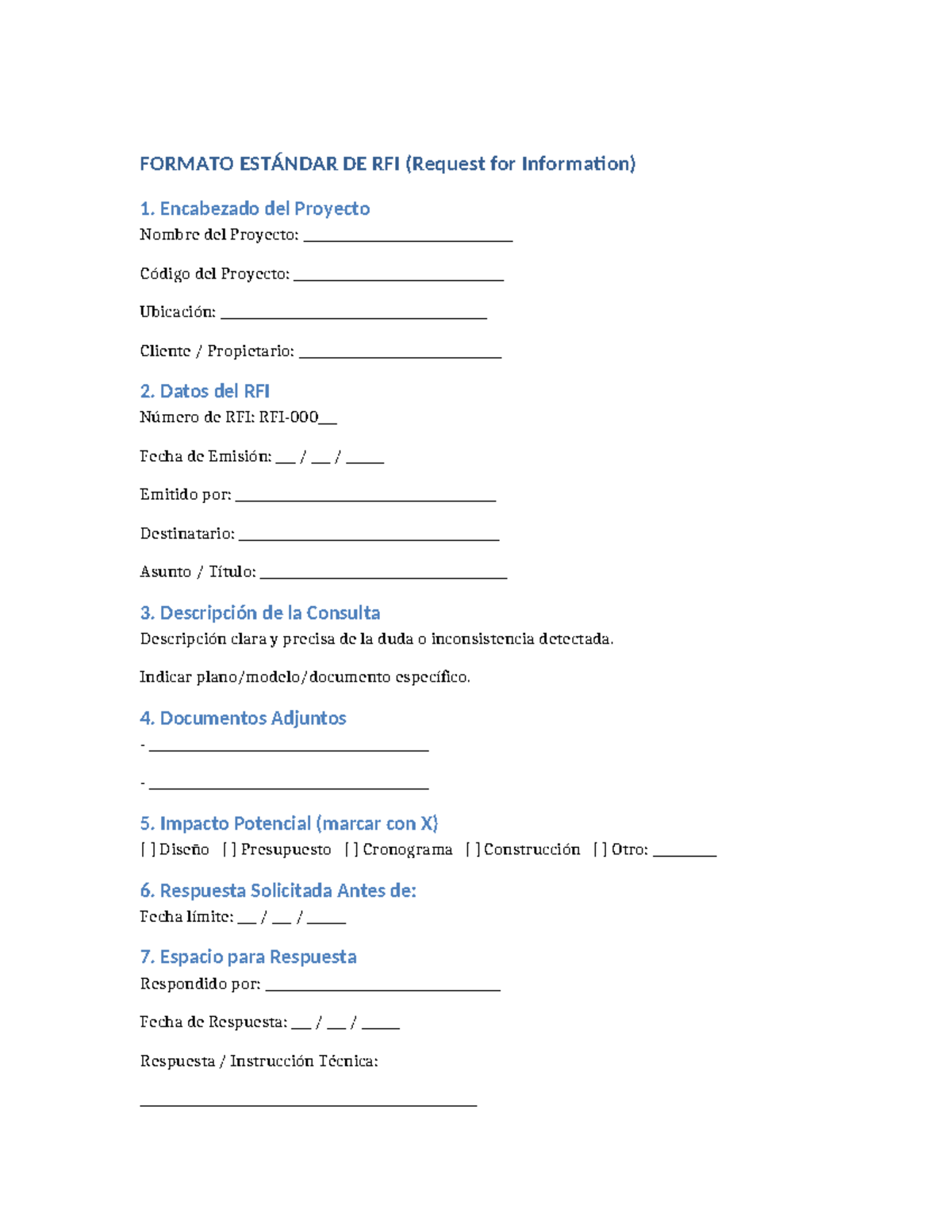 Formato Estandar RFI (Requerimiento de Información) - Studocu