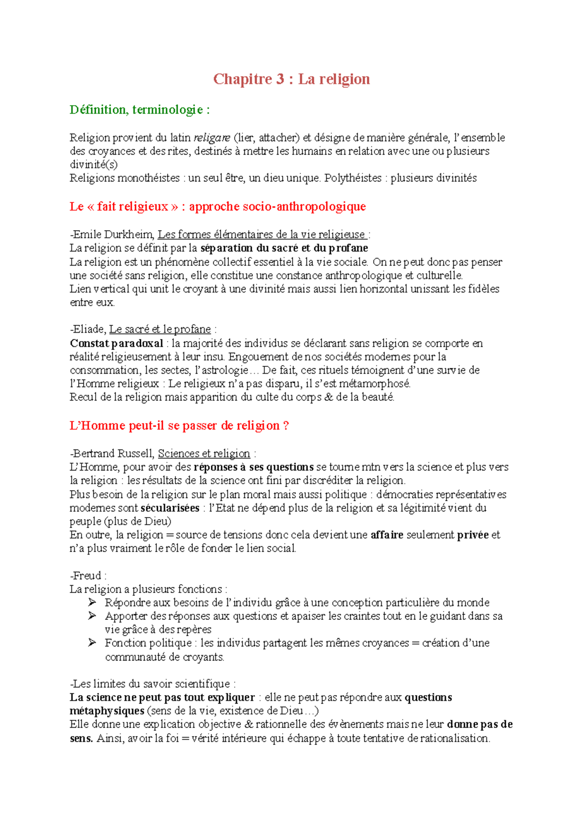 Chapitre 3 : Analyse Socio-Anthropologique de la Religion - Studocu