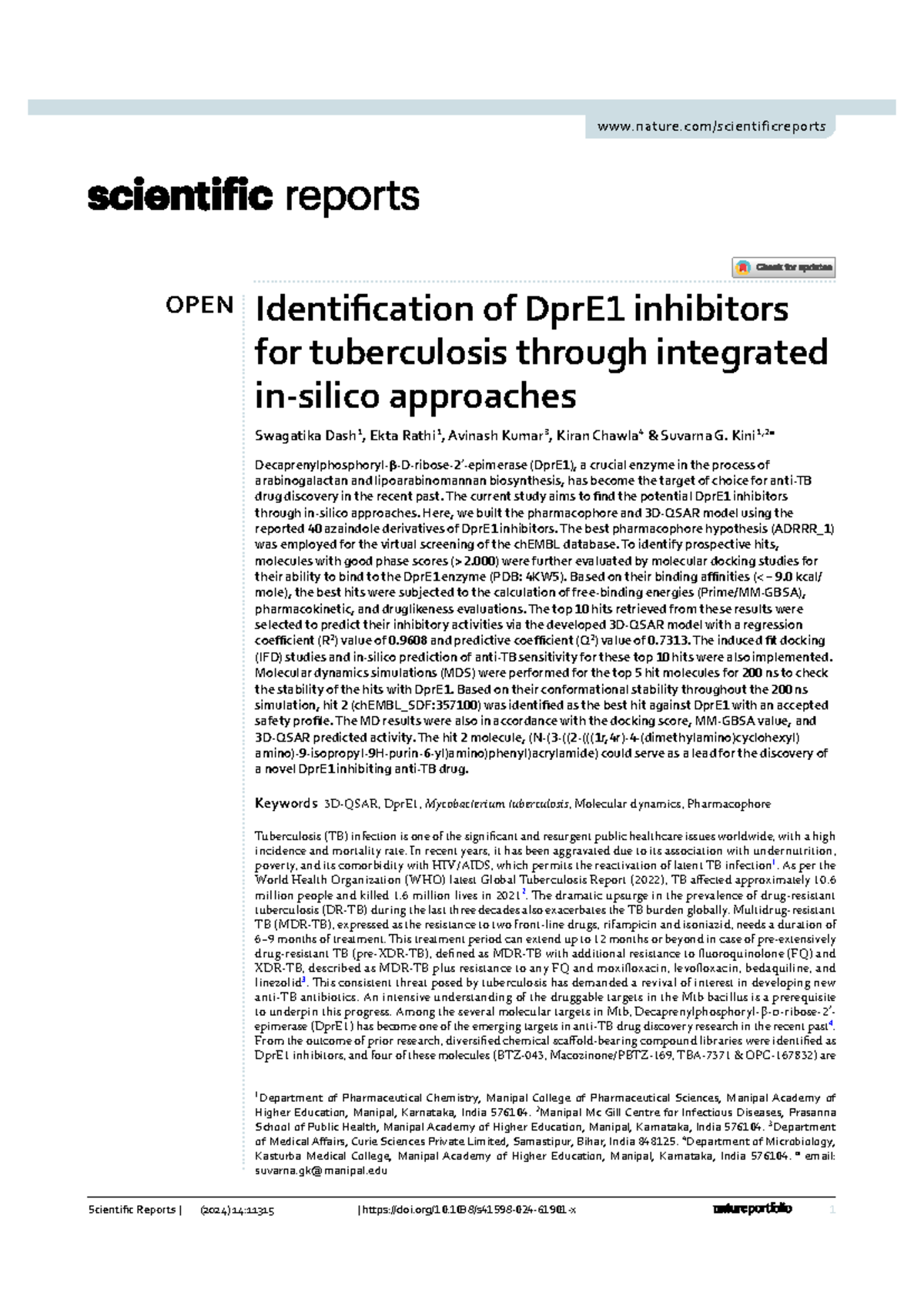 OPEN DprE1 Inhibitors for Tuberculosis: Integrated Approaches and ...