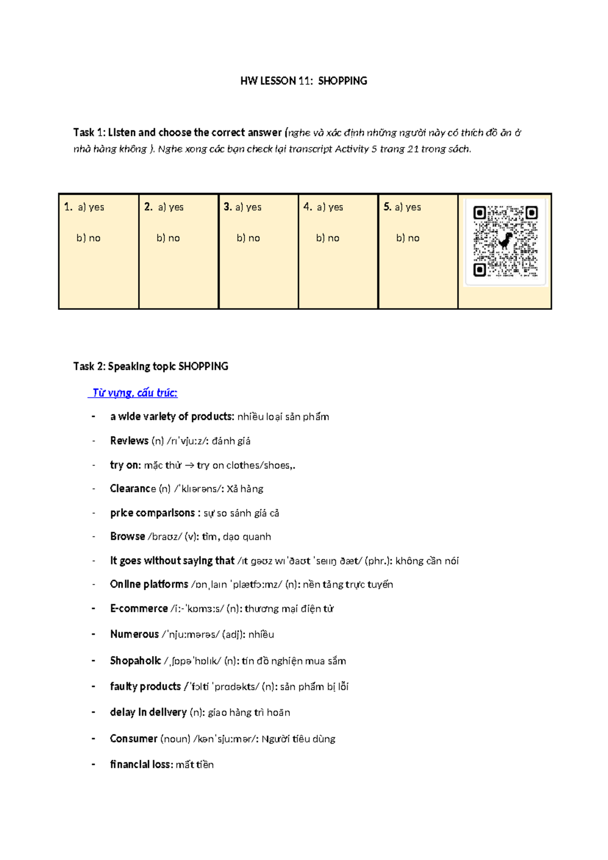 HW LESSON 11: SHOPPING - Listening & Speaking Activities - Studocu