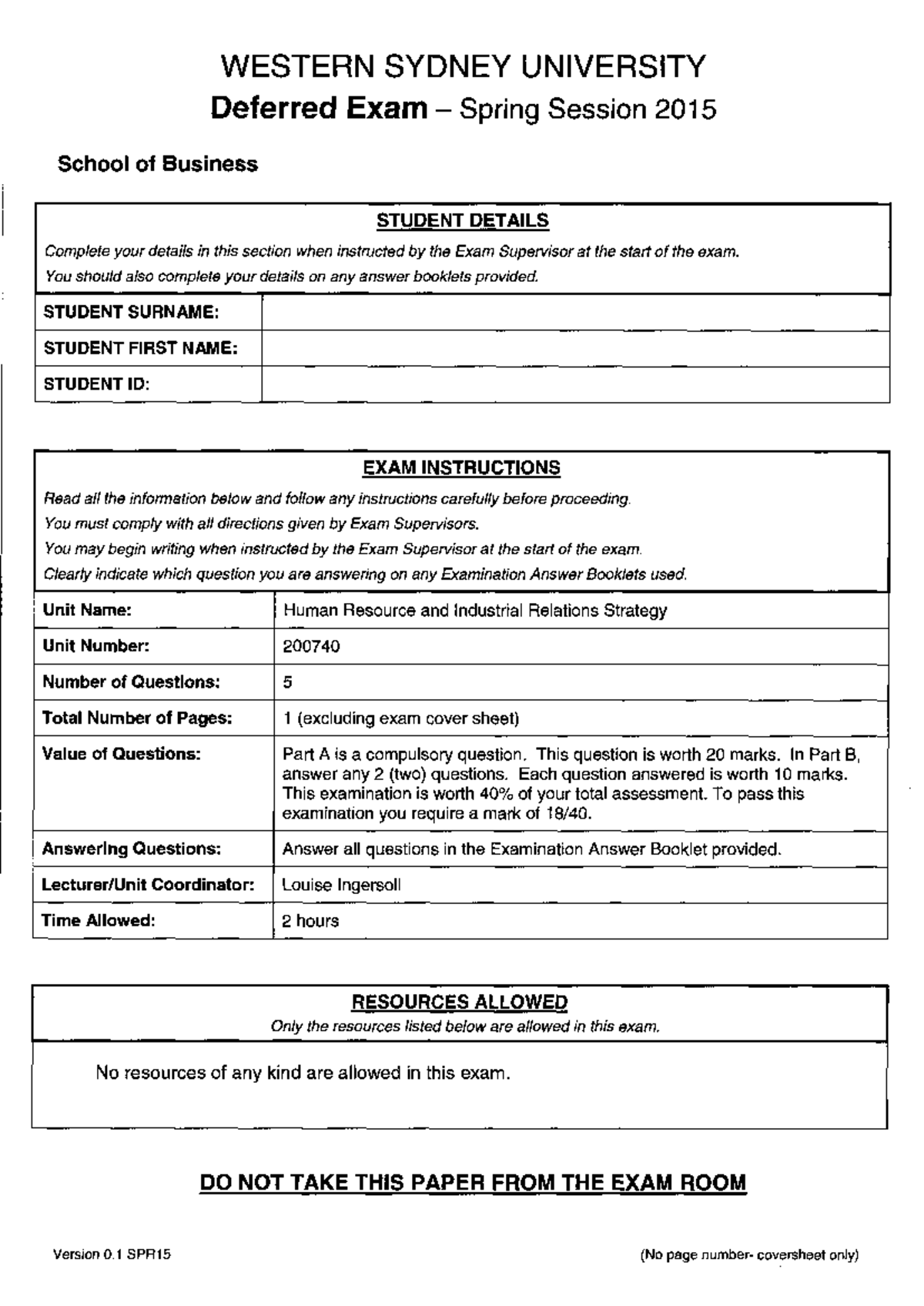 Deferred Exam 2015: HR & IR Strategy (Unit 200740) Questions - Studocu
