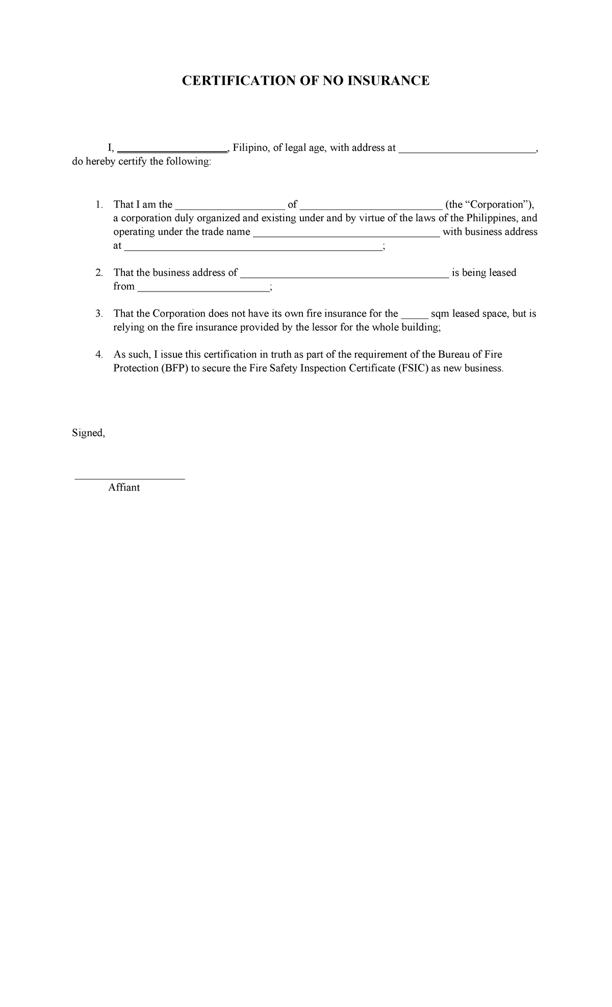 Certification of No Insurance for BFP Requirements - Studocu