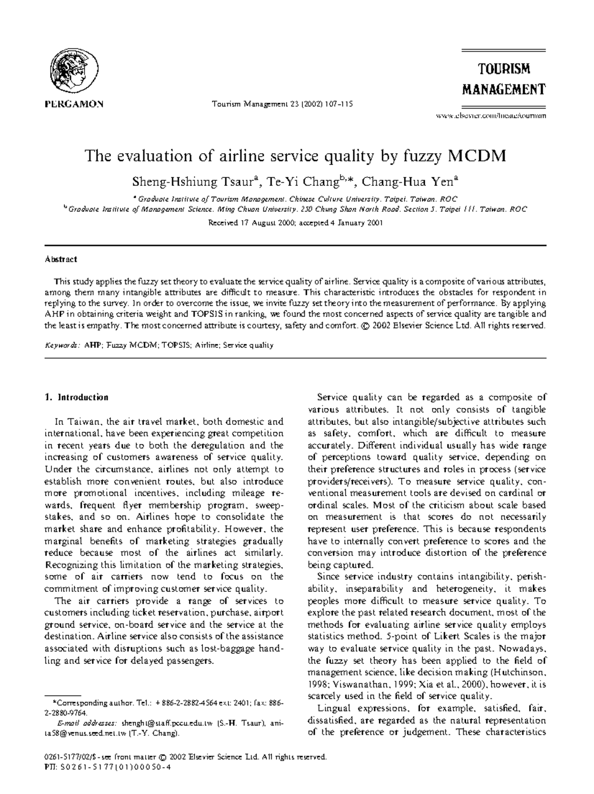 Tourism Management 23: Evaluating Airline Service Quality via Fuzzy ...