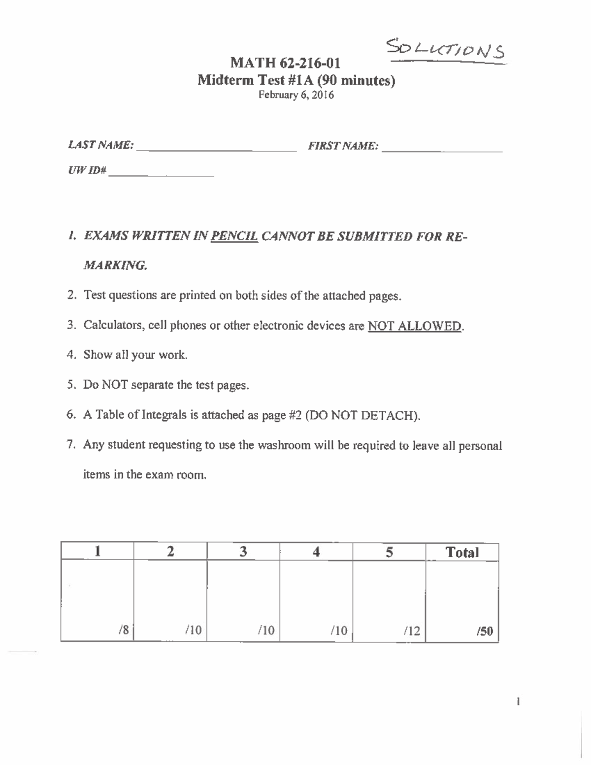 62-216 M1A 2016 - Midterm Solutions and Exam Guidelines - Studocu