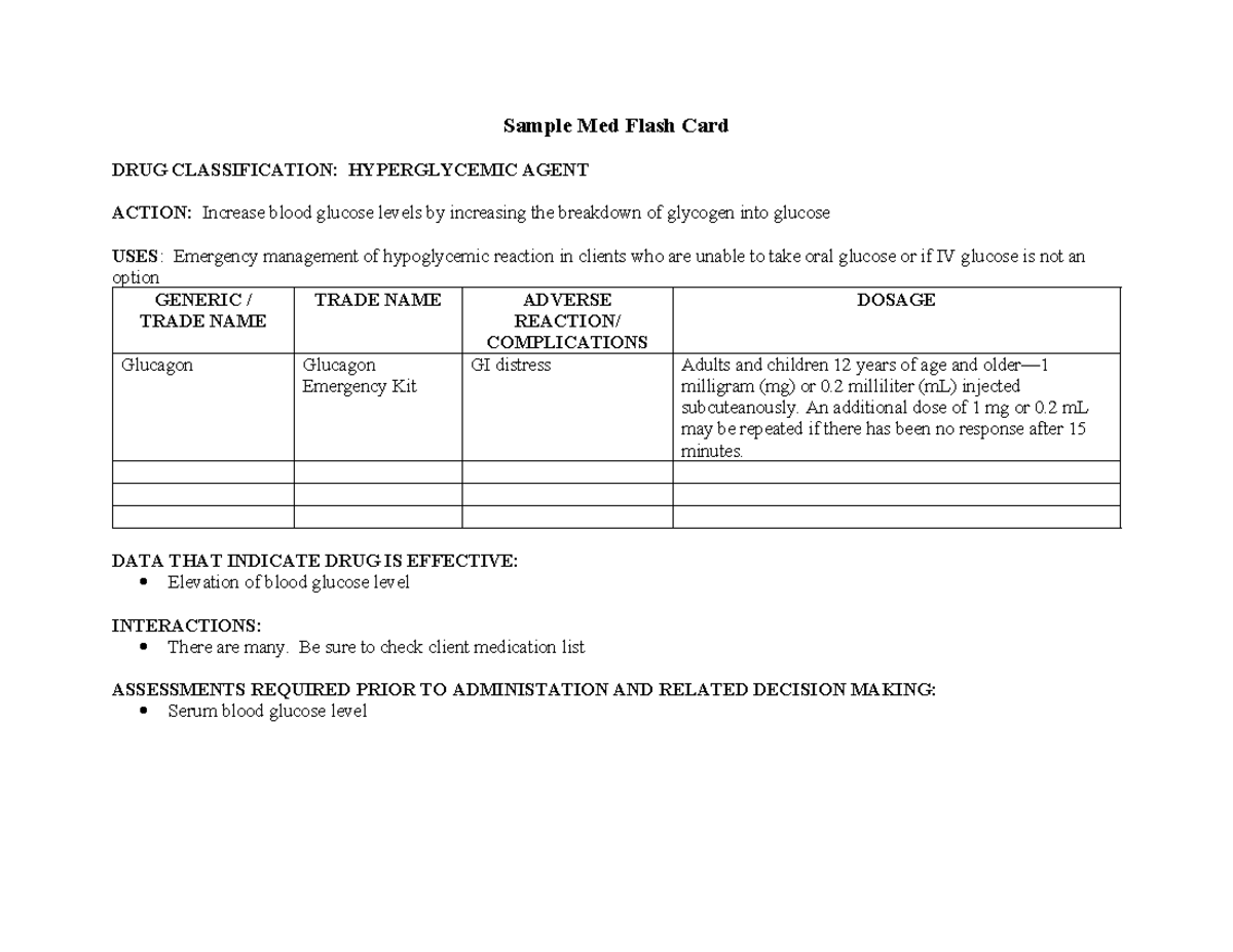 Sample Med Card - course med card example - Sample Med Flash Card DRUG ...