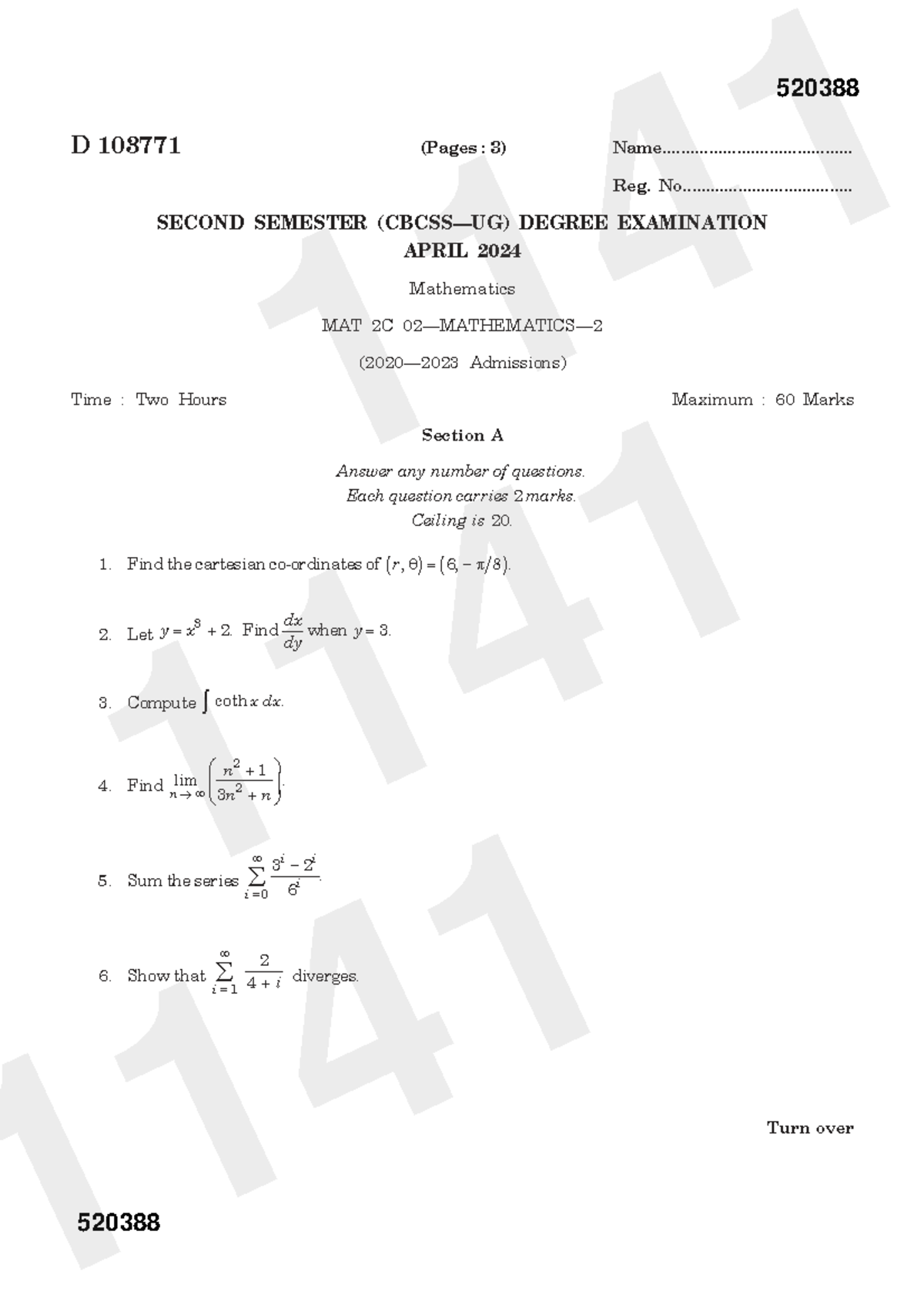 MAT 2C Second Semester Degree Exam April 2024 - Mathematics - Studocu