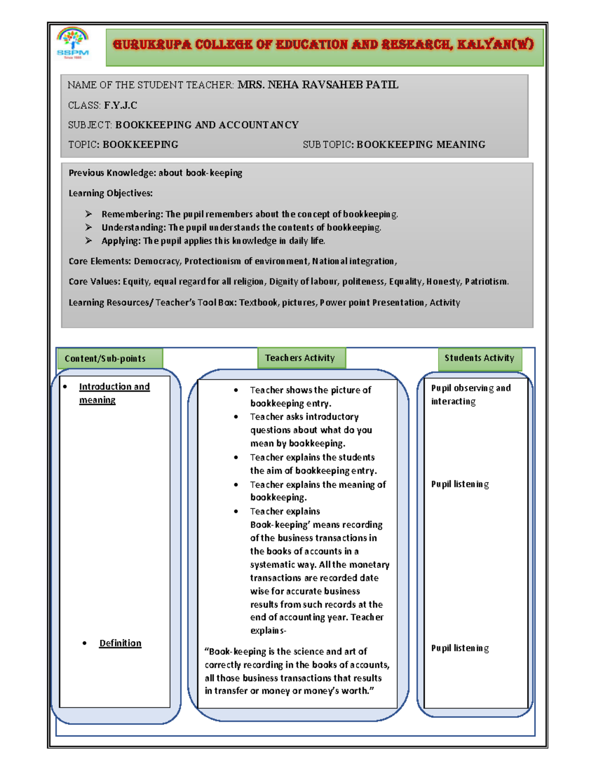 F.Y.J.C Bookkeeping Lesson Plan: Understanding Bookkeeping Meaning ...