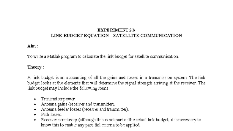 MATLAB Program for Link Budget Calculation in Satellite Comm - Studocu