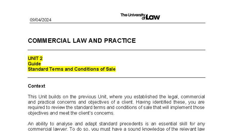COMMERCIAL LAW AND PRACTICE UNIT 2: Standard Terms & Conditions Guide ...