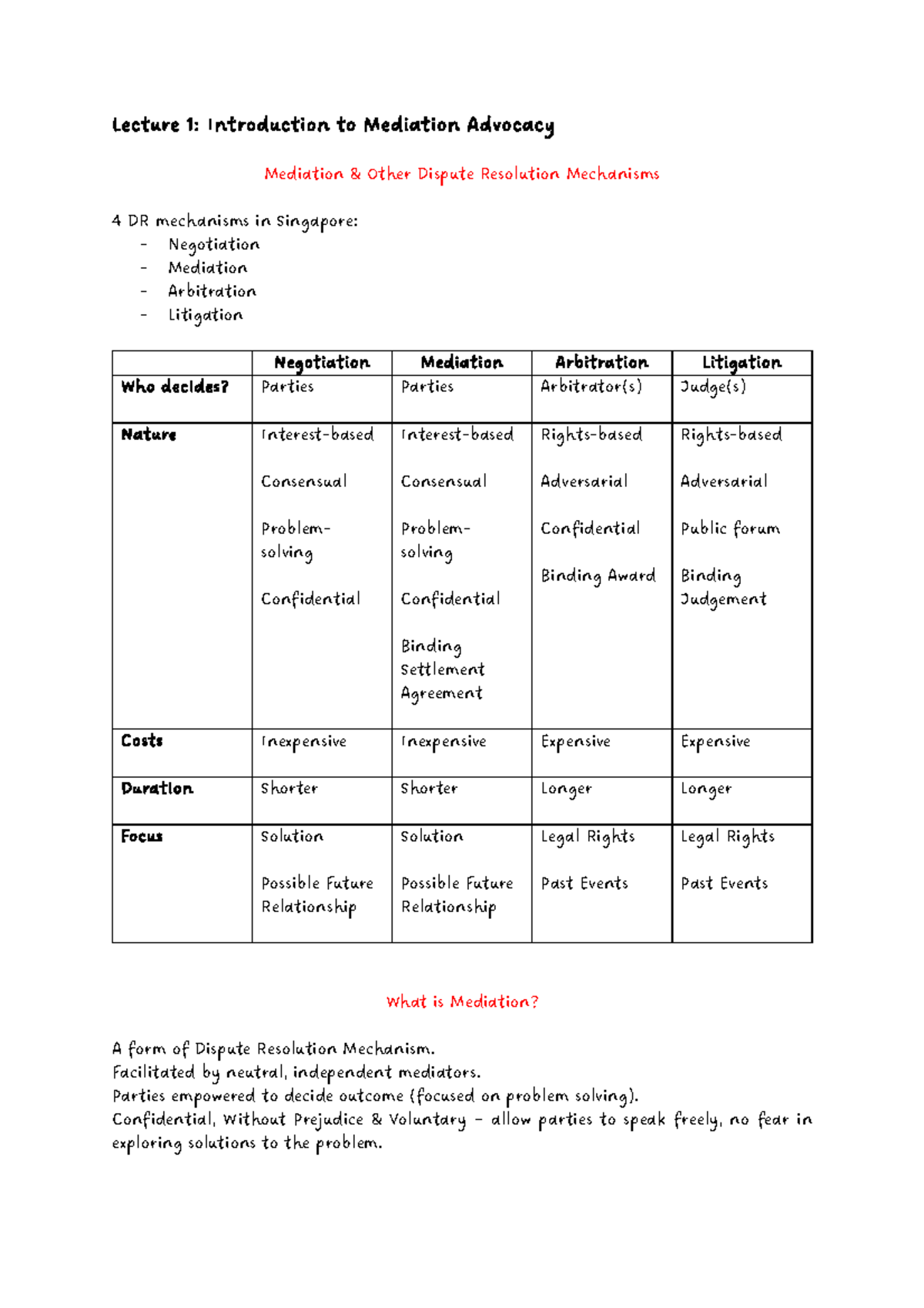 Mediation Advocacy Lecture Notes (LAW101) - Key Concepts & Institutions -  Studocu