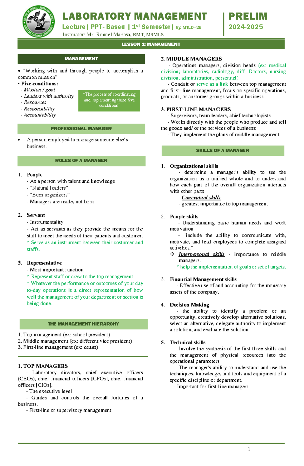 LABORATORY MANAGEMENT PRELIM NOTES: LESSONS ON MANAGEMENT AND PLANNING ...