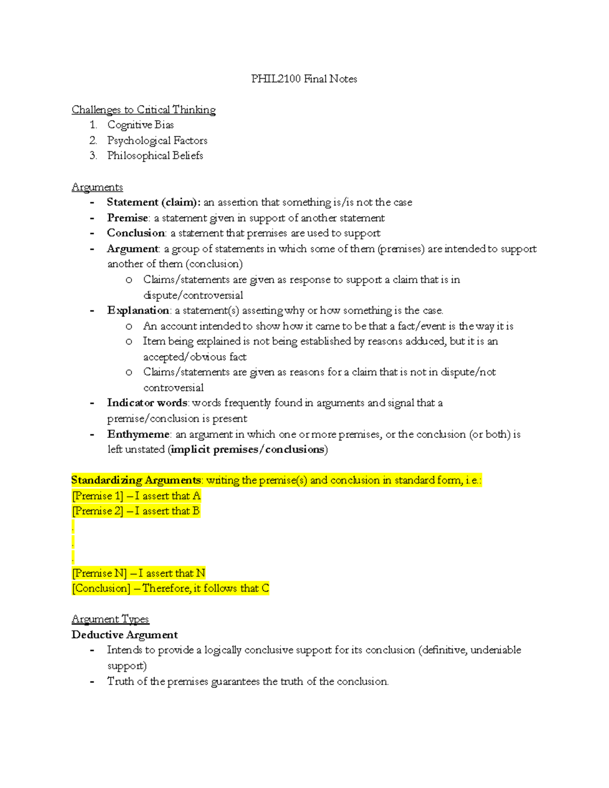 PHIL2100 Final Exam Study Guide: Critical Thinking Concepts - Studocu